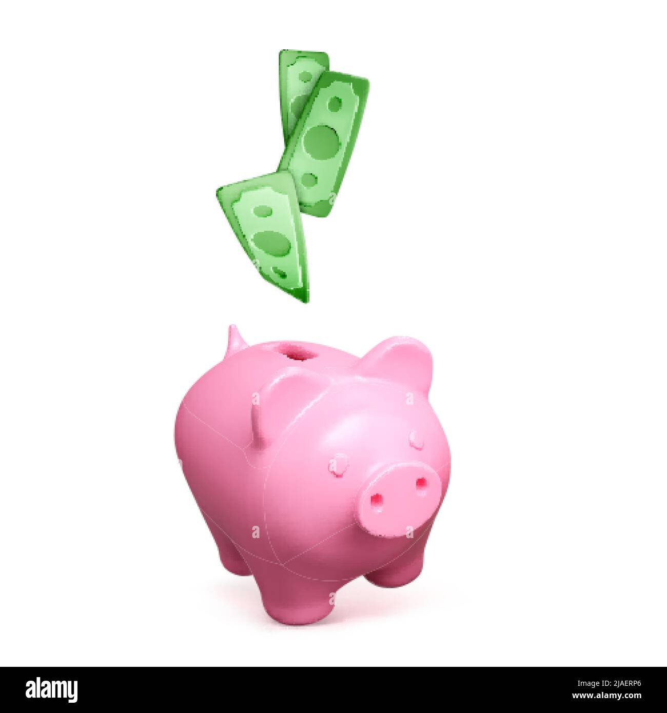 Rosa Sparschwein und fallendes grünes Papiergeld. Finanzgeschäft und Investitionen isoliert auf weißem Hintergrund. Bewahren Sie das Geld an einem sicheren Ort auf. Vektorgrafik Stock Vektor