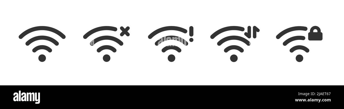 Wi-Fi-Symbole eingestellt – blockiert, Datenübertragung, Netzwerkfehler. Statussymbole für WiFi-Signale. Wireless Internet Verbindung Signal. Vektorgrafik Stock Vektor