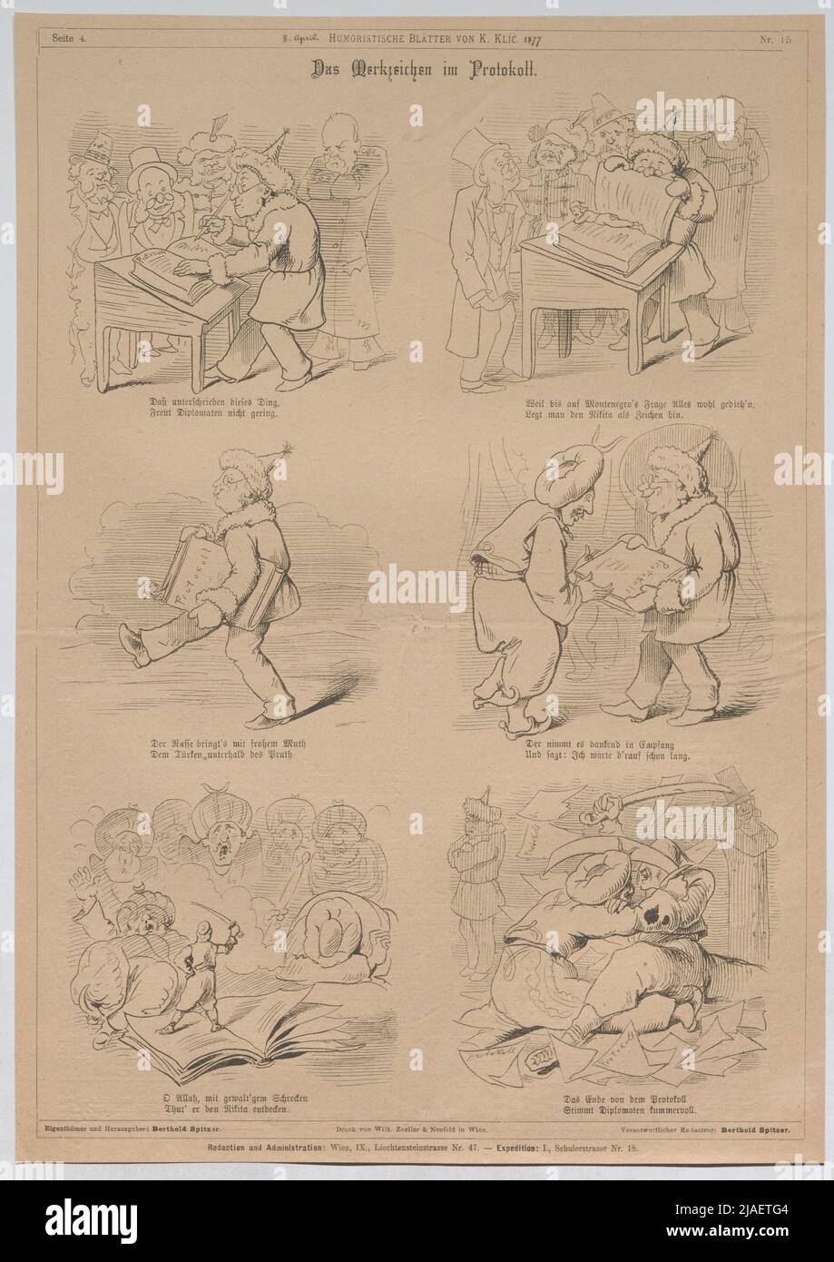 Bismarck, Gortschakow, Staatsmänner; die Markierung im Protokoll (Zeichentrickfolge, Bildgeschichte (6 Bilder) aus 'humorvollen Blättern'). Unbekannt Stockfoto