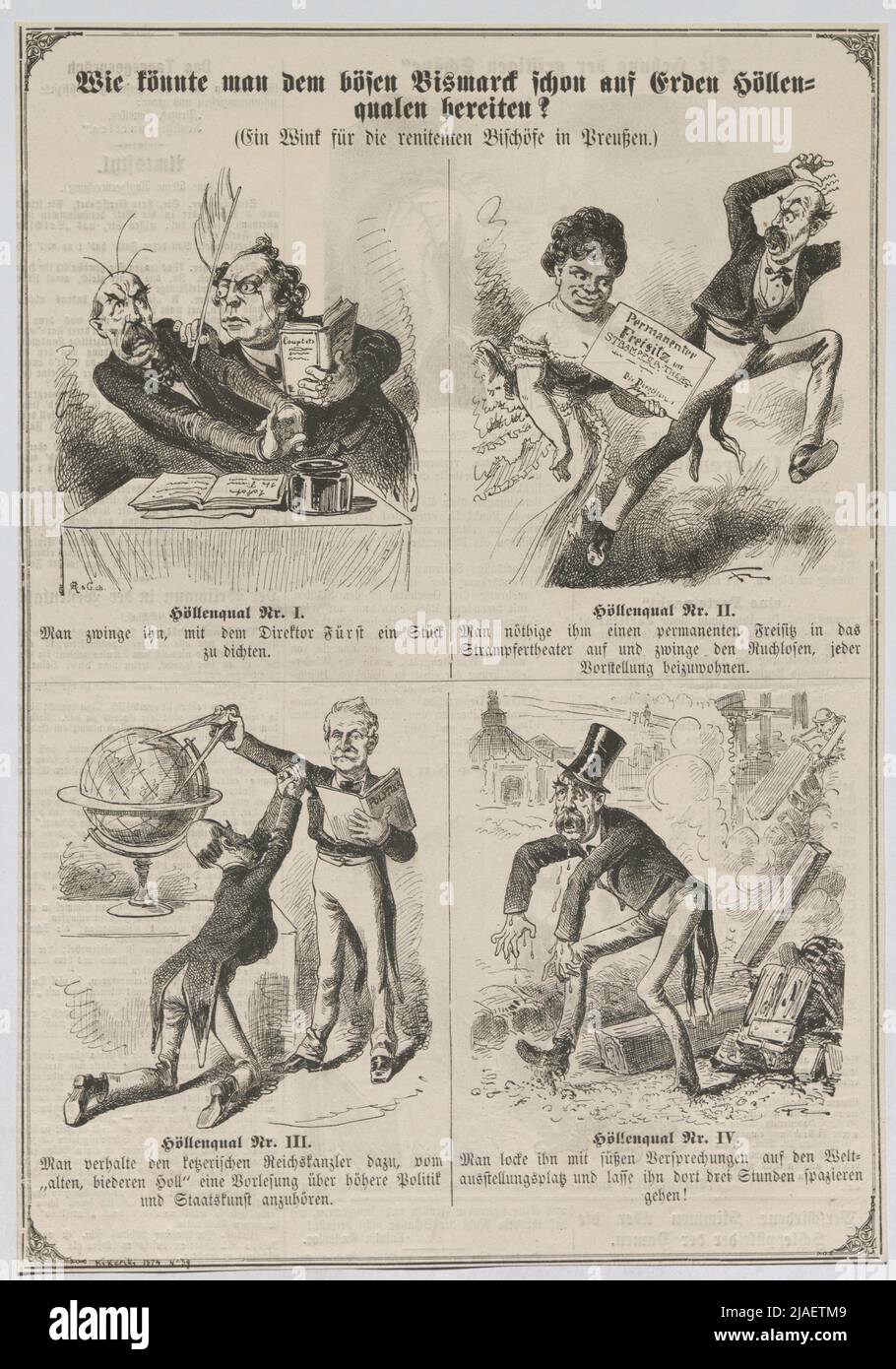 Wie könnte man sich auf die bösen Bismarck-Höllentürmeln auf Erden vorbereiten (ein Hinweis für die renitalen Bischöfe in Preußen) (Karikatur aus 'Kikeriki'). C. Angerer & Göschl, Realisierung Stockfoto