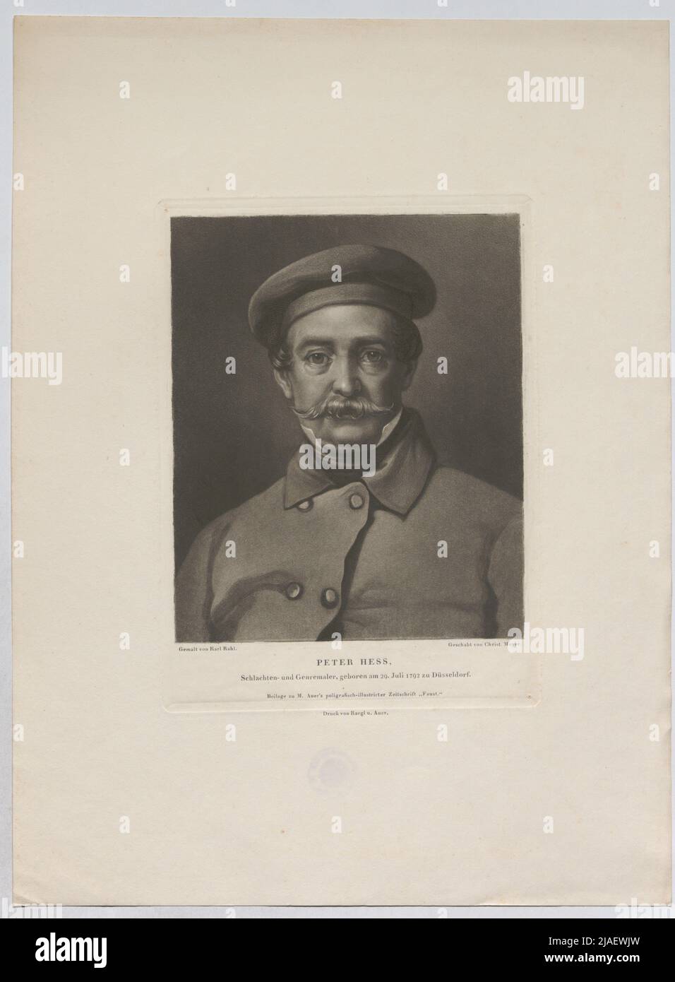 Peter Hess, Schlachten- und Genremaler, geboren am 29. Juli 1792 in Düsseldorf ('Supplement to M. Auer´s Poligrafisch-Illustrirter Magazine' Faust'.'). Christian Mayer (1812-1870), Mezzotint Künstler, nach: Carl Rahl (1812-1865), Künstler Stockfoto