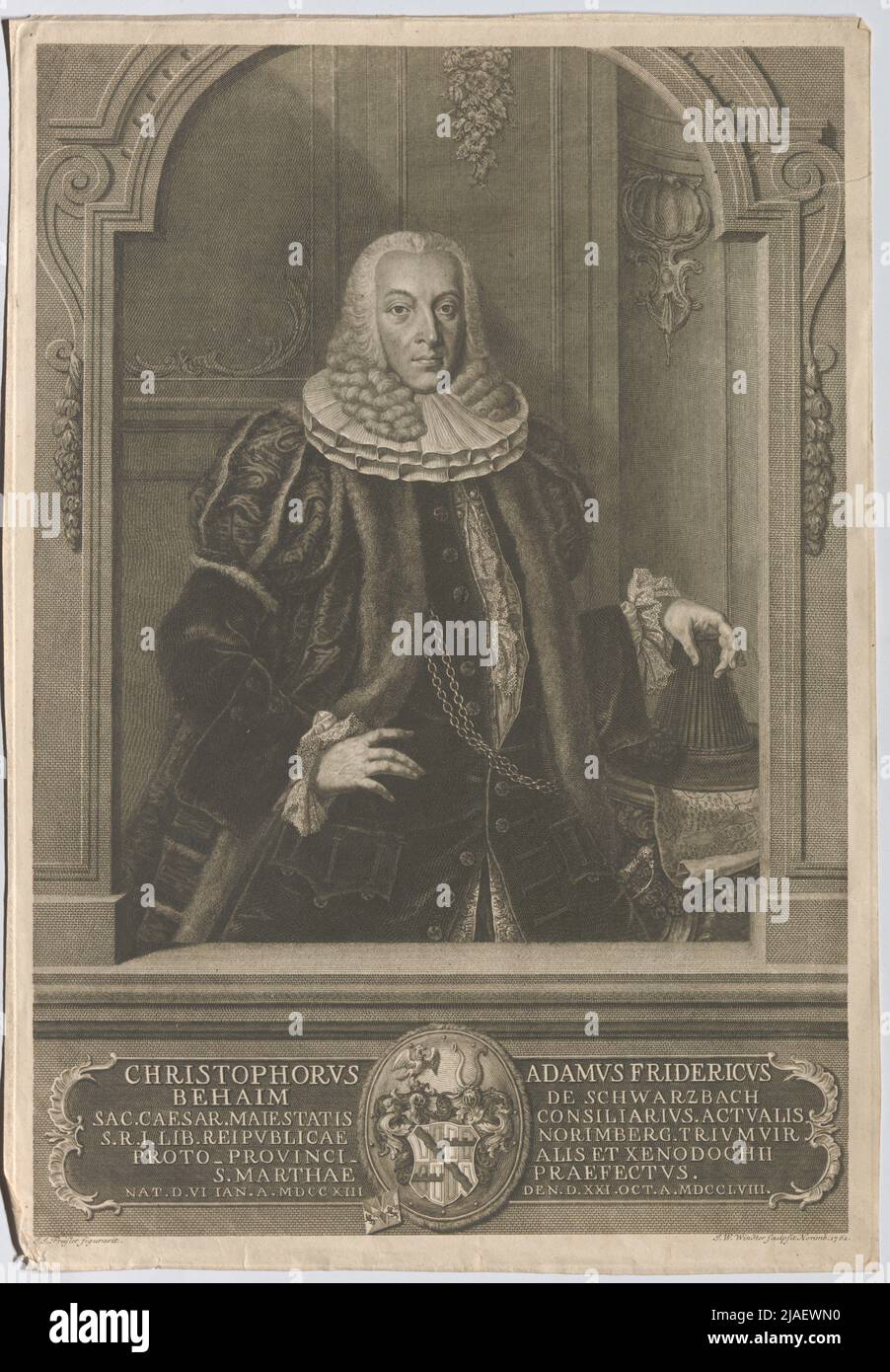 Christopher Adamus Frederick Behaim de Schwarzbach SAC. Caesar. Majestät Counselor. Tatsächliche R. Lib. Republik Norimberg. (...) '. Christoph Adam Friedrich Behaim von Schwarzbach. Johann Wilhelm Windter (1696-1765), Kupferstecher, nach: Johannes Justin Preissler (1698-1771), Künstler Stockfoto