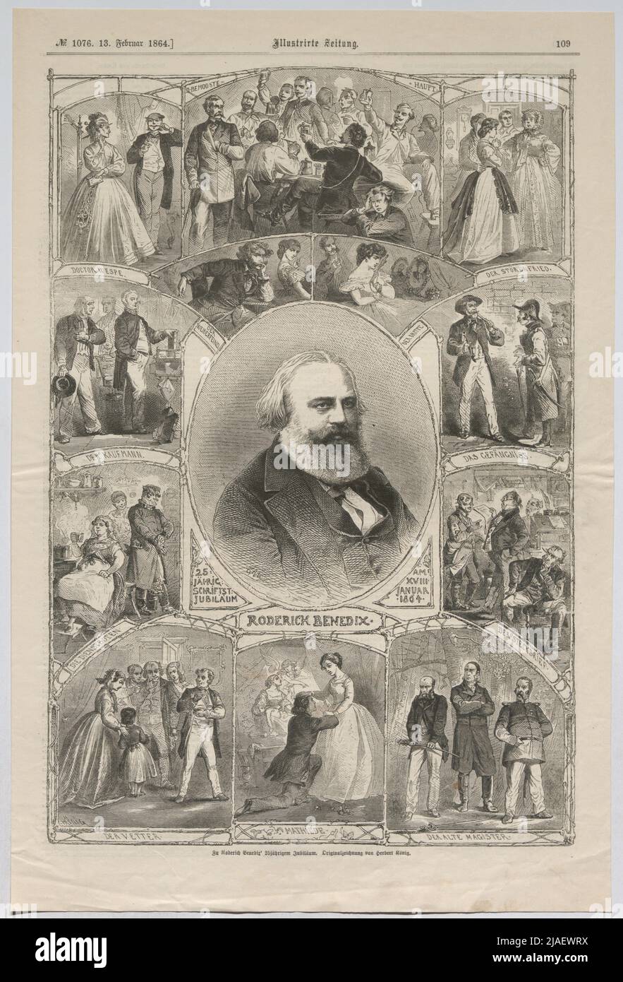 An Roderich Benedix '25. Jahrestag; Doktor Waspe; der Geschäftsmann; die Diener; (...); 25 Jahre alt. Schrift. Jahrestag am XVIII. Januar 1864 '. Zum 25.. Geburtstag von Roderich Benedix; Szenen aus seinen Werken (aus der illustrierten Zeitung). Danach: Herbert König (1820-1876), Künstler Stockfoto