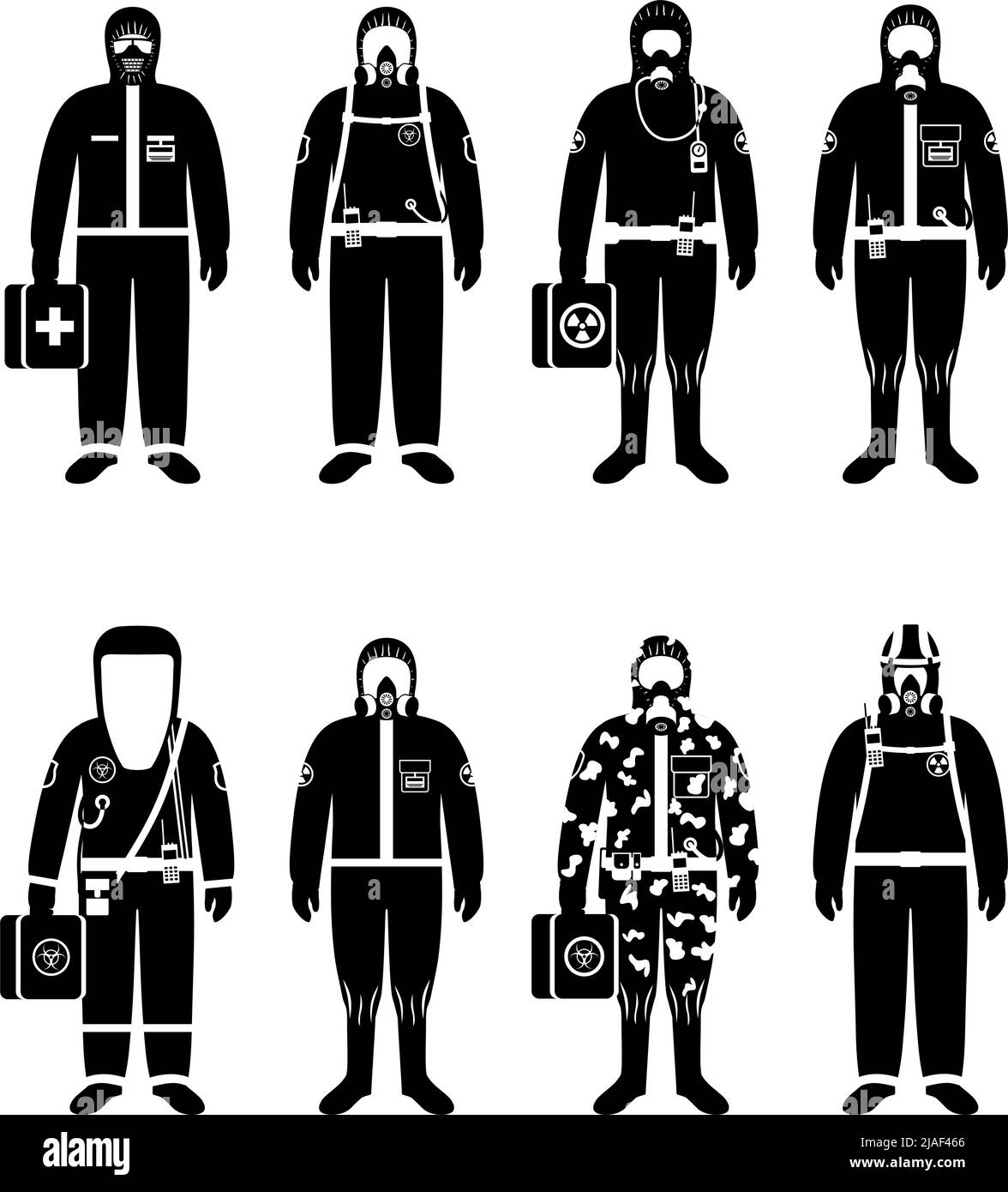 Set von schwarzen Silhouetten verschiedenen Menschen in Unterschiede Schutzanzüge in flachen Stil. Gefährlicher Beruf. Vektorgrafik. Stock Vektor