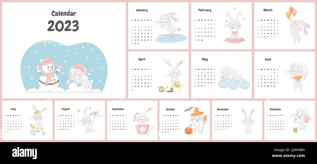 Konzept des Kinderkalenders für 2023 mit einem niedlichen Hasencharakter. Alle Seiten. Ein Set mit einem entzückenden Tier, Kaninchen in Pastellfarben. Freie Schriftart verwendet Stock Vektor