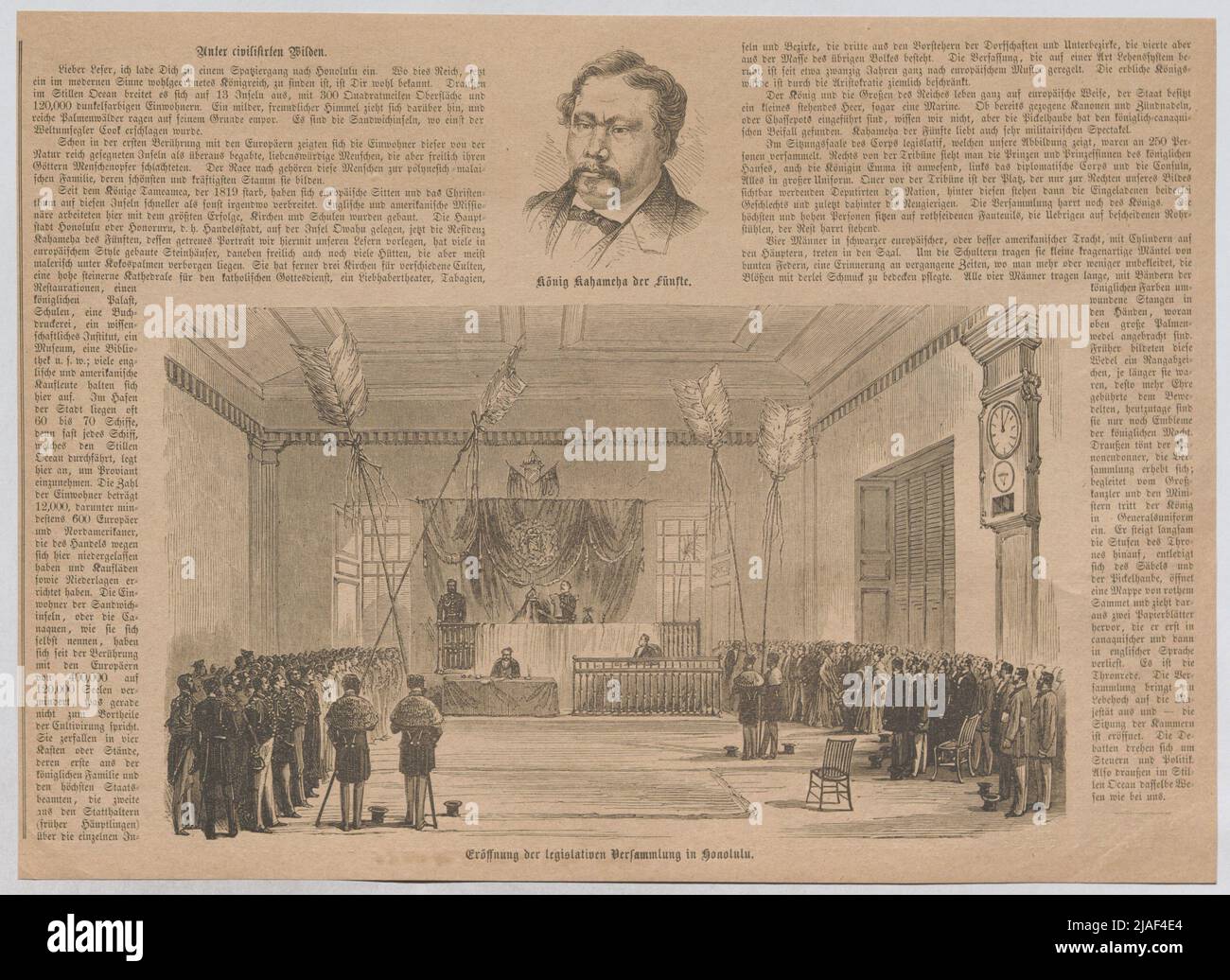 König Kahamhas fünfter. Eröffnung der gesetzgebenden Versammlung in Honolulu. '. König Kamehameha V. von Hawaii; Eröffnung der gesetzgebenden Versammlung in Honolulu (aus der Allgemeinen Illustrirte Zeitung). Unbekannt Stockfoto