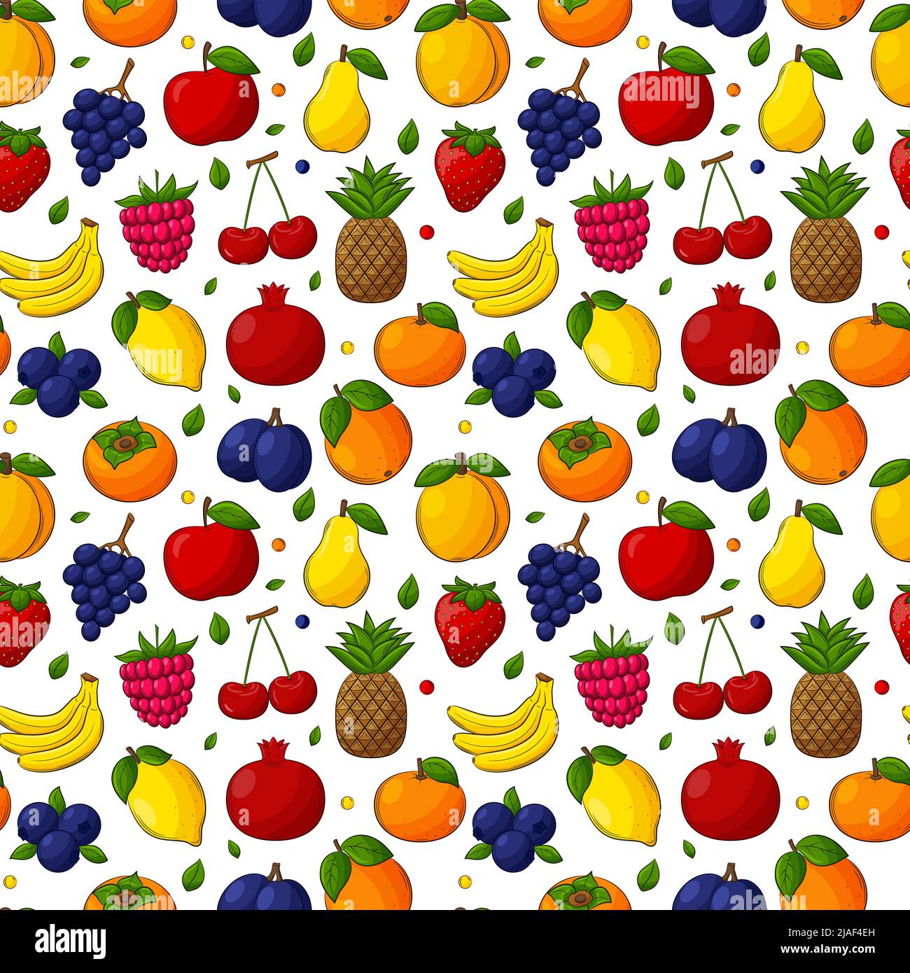 Leuchtend saftige Sommerfrucht nahtloses Muster. Handgezeichnete Frucht mit einem Umriss. Eine Reihe von Früchten und Beeren. Für Sommertextilien, Lebensmittelverpackungen, Servietten Stock Vektor