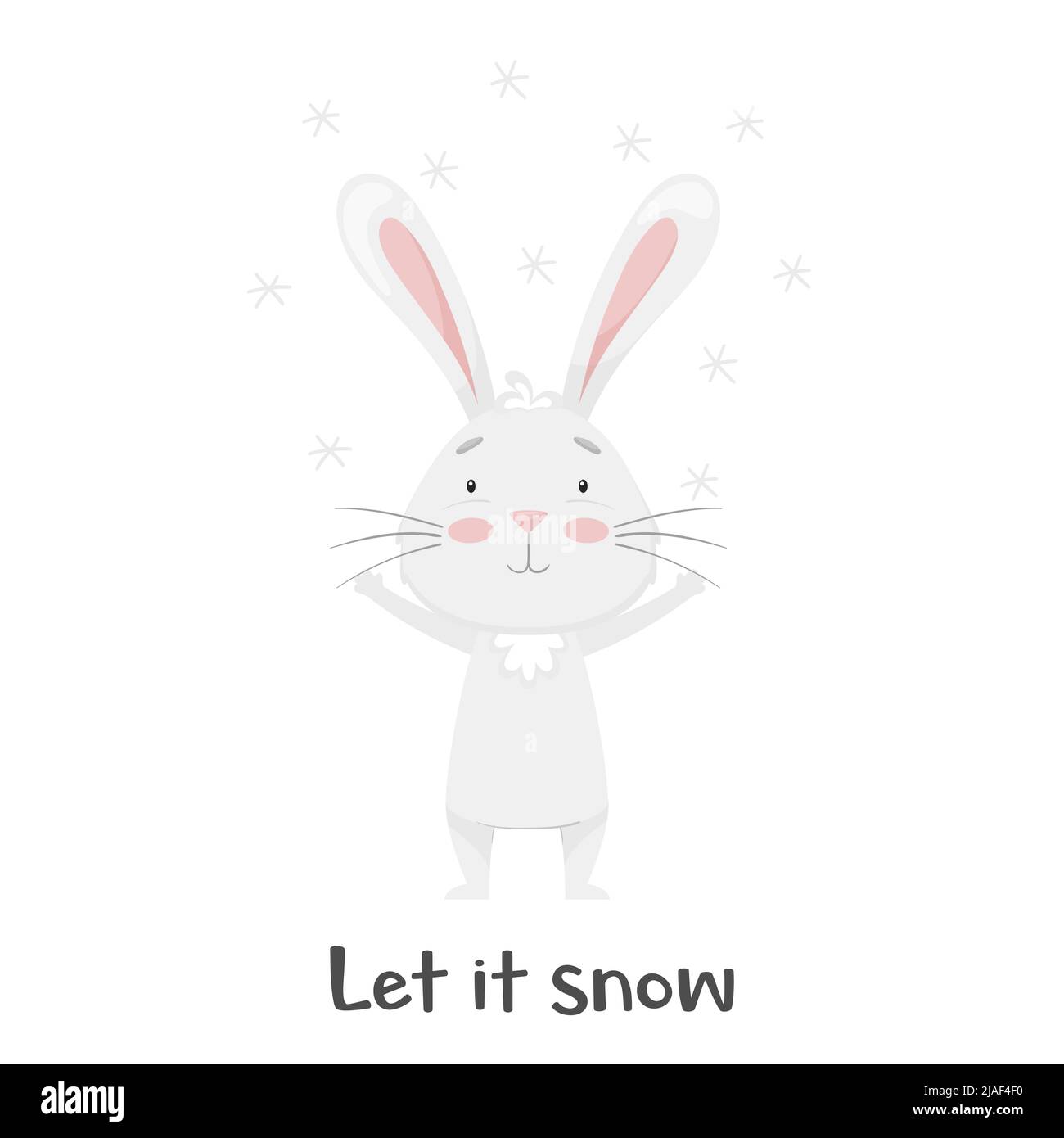 Niedliches lächelndes Kaninchen, das die fliegenden Schneeflocken genießt. Lass es schneien. Winterspaß. Entzückendes Tier, Charakter in Pastellfarben. Für Karten, Kleidung, t sh Stock Vektor