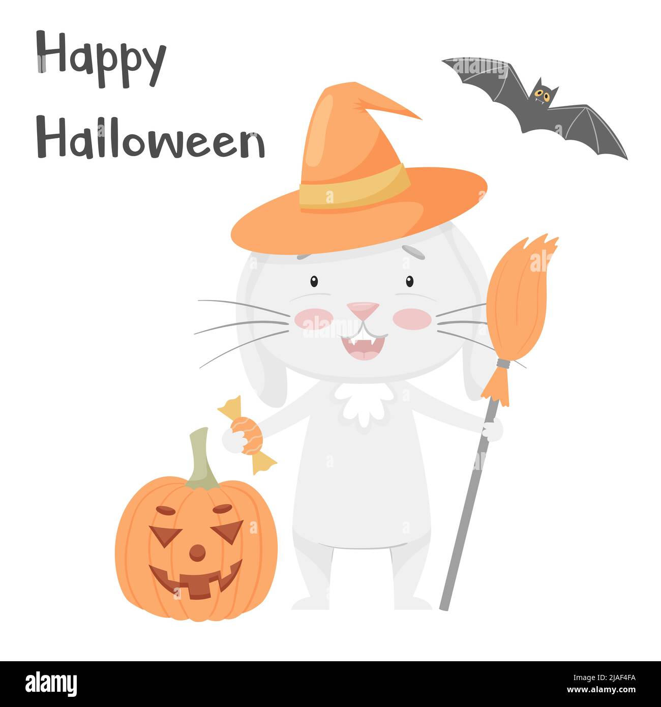 Niedliches lächelndes Kaninchen in einem Hut, mit einem Besen und einem Halloween-Kürbis. Entzückendes Tier, Charakter in Pastellfarben. Kinderdesign. Für Karten, Kleidung, t sh Stock Vektor
