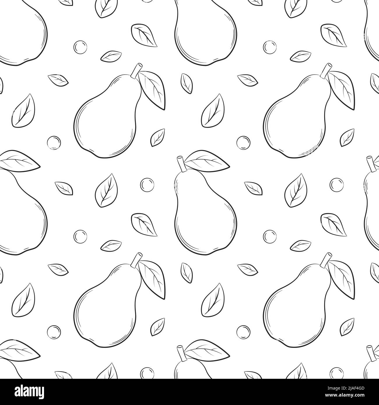 Einfarbiger, nahtloser Fruchtansatz in Schwarz und Weiß. Handgezeichnete Birnen und Blätter. Einfache Umrisshintergrund für Webdesign, Produktverpackung, Servietten, Stock Vektor