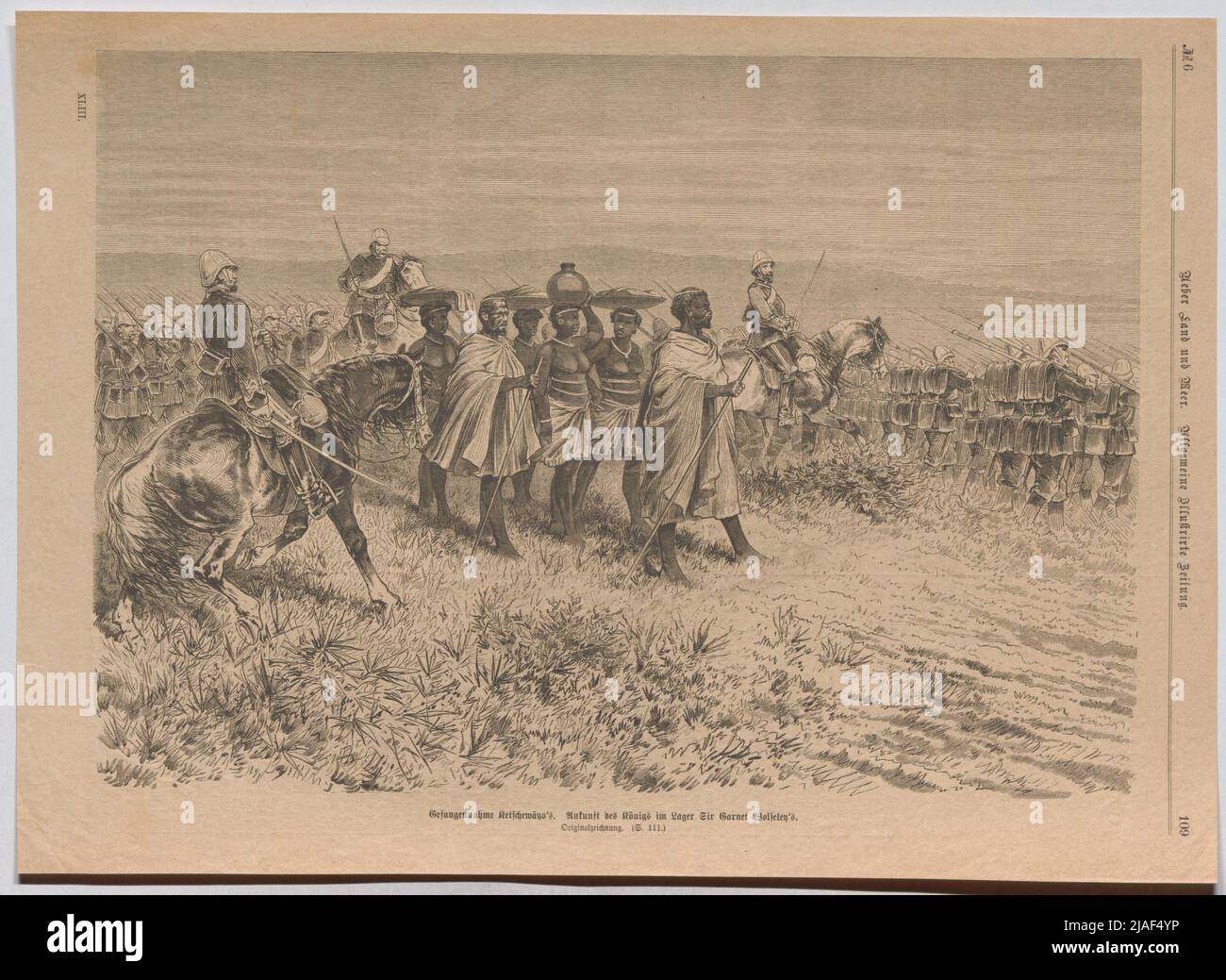 Fange Ketschewäyo's. Ankunft des Königs im Lagerhaus Sir Garnet Wolseley´s. '. Gefangen vom Zulu-König Cetshwayo Ka Mpande; Ankunft im Lager von Sir Garnett Wolseley (von 'über Land und Meer. General Illustrirte Zeitung“). Unbekannt Stockfoto