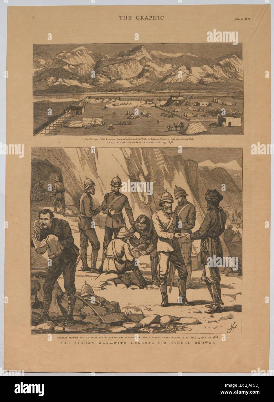 DER AFGHANISCHE KRIEG - MIT GENERAL SIR SAMUEL BROWNE; DAKKA, BESETZT VON GENERAL BROWNE, 23. NOVEMBER 1878; GENERAL BROWNE UND SEINE MITARBEITER, DIE TEE TRINKEN (...)'. Afghanistan Krieg mit General Samuel Browne (aus 'The Graphic'). Unbekannt Stockfoto