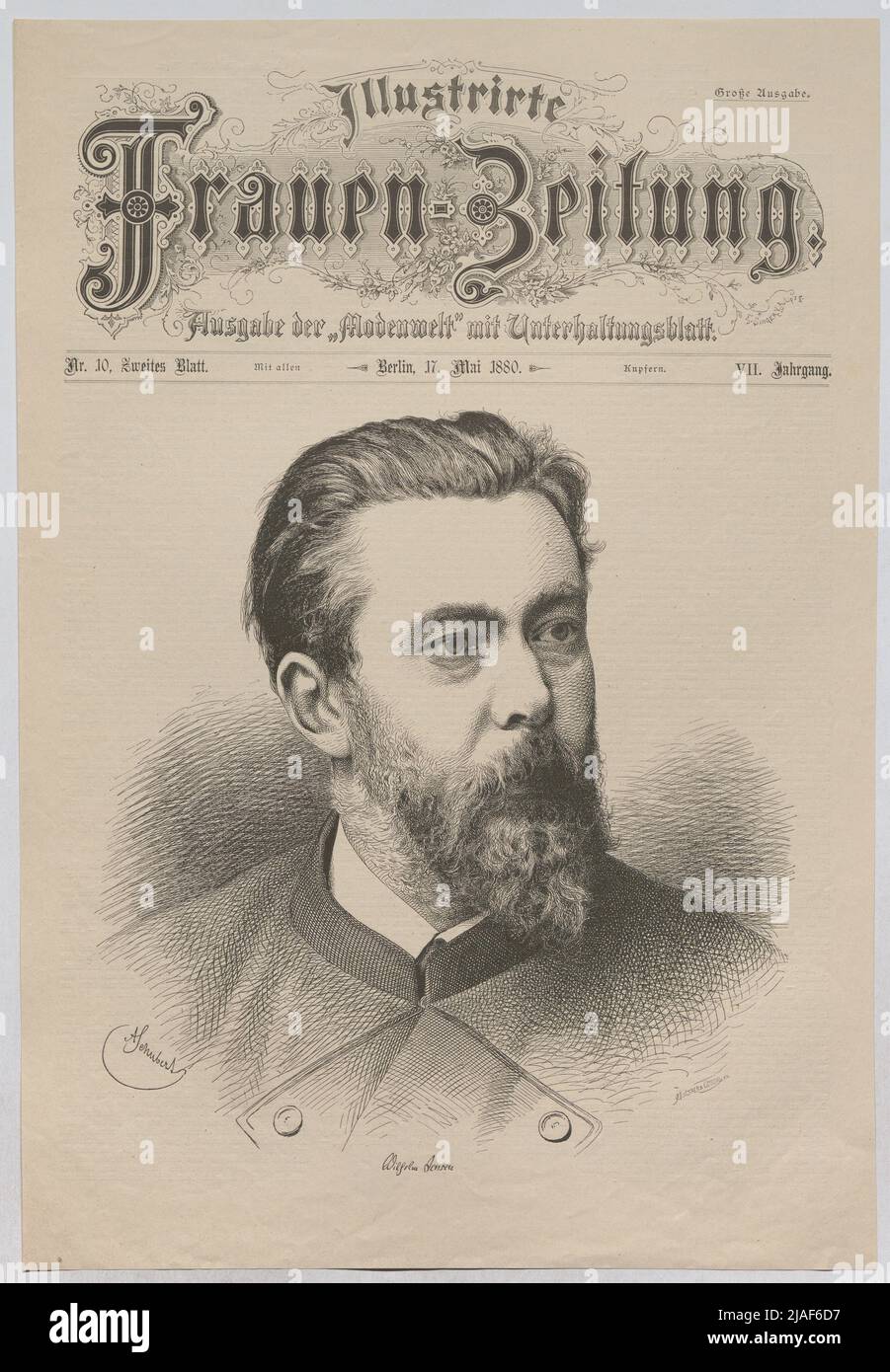 Wilhelm Jensen“. Wilhelm Jensen, deutscher Schriftsteller (Titelseite der Illustrirte Frauen-Zeitung; Ausgabe der "Modewelt" mit Unterhaltungsblatt). August Schubert (1844-1903), Künstler, C. Angerer & Göschl, Realisation Stockfoto