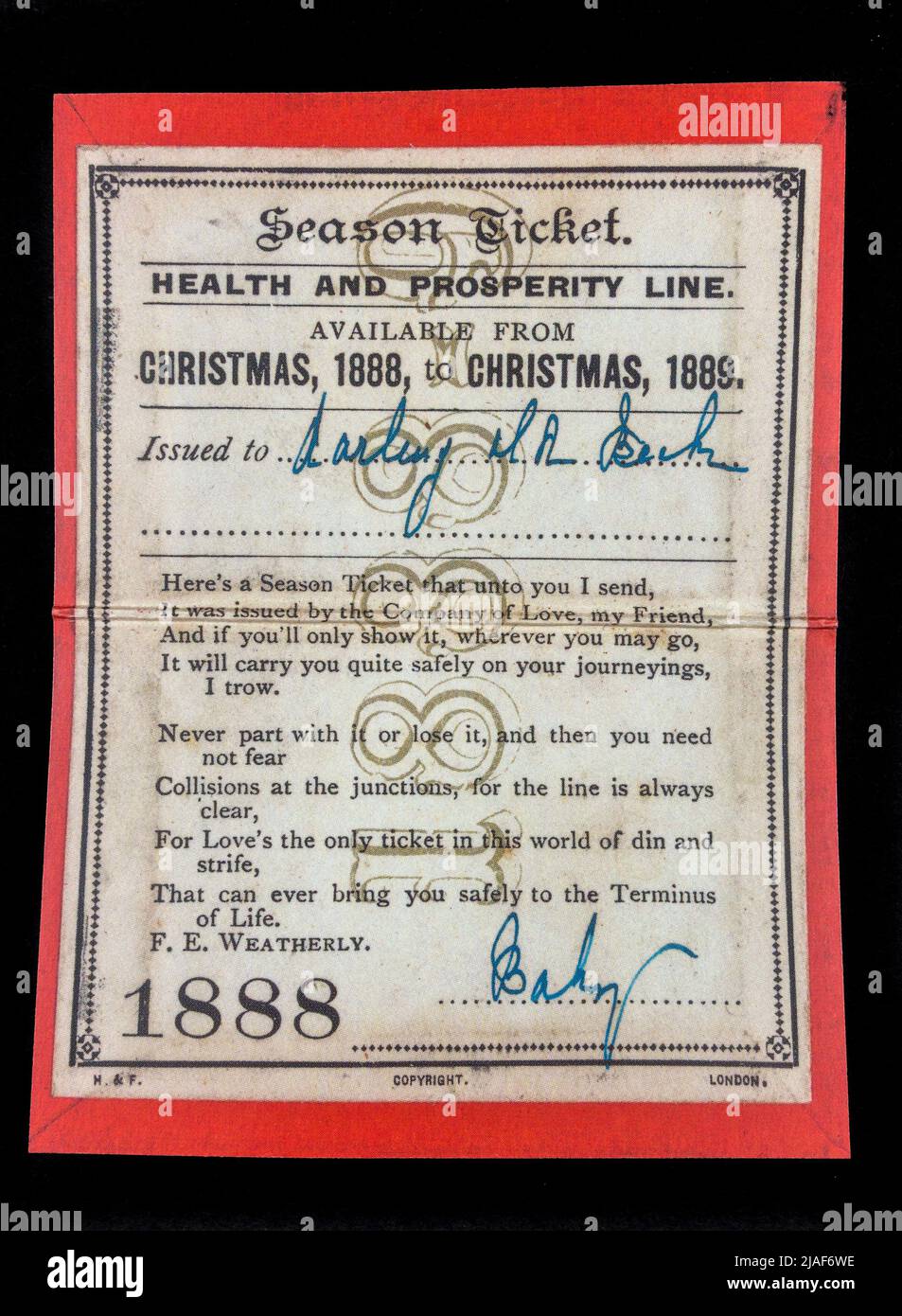 Neuheit Weihnachtsbotschaft von einem Eisenbahnunternehmen aus dem Jahr 1888, ein Stück Replik-Memorabilien im Zusammenhang mit Weihnachten. Stockfoto