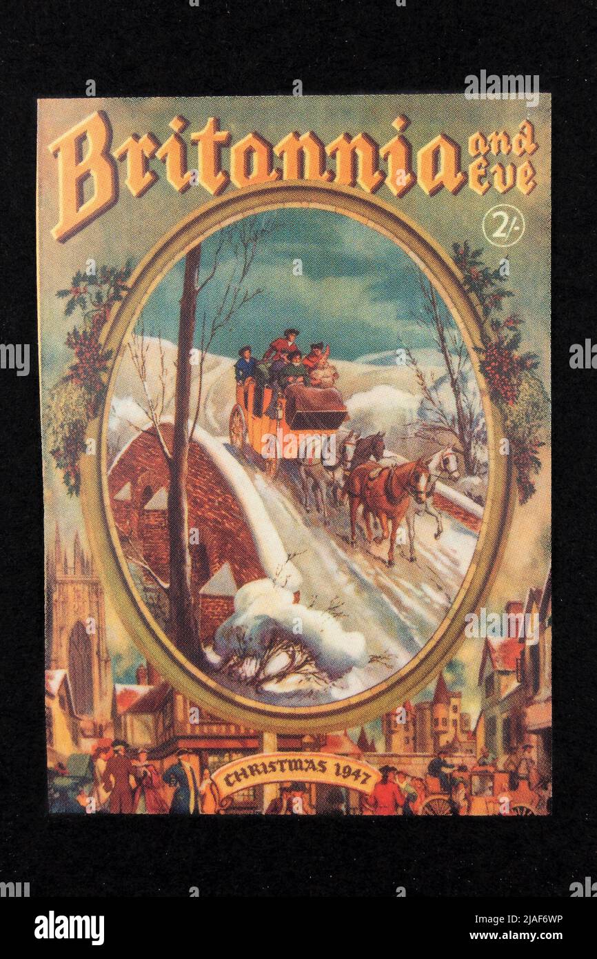 Frontcover des Modemagazins „Britannia and Eve“, Ausgabe Weihnachten 1947, ein Stück Nachbildung von Erinnerungsstücken zum Thema Weihnachten. Stockfoto