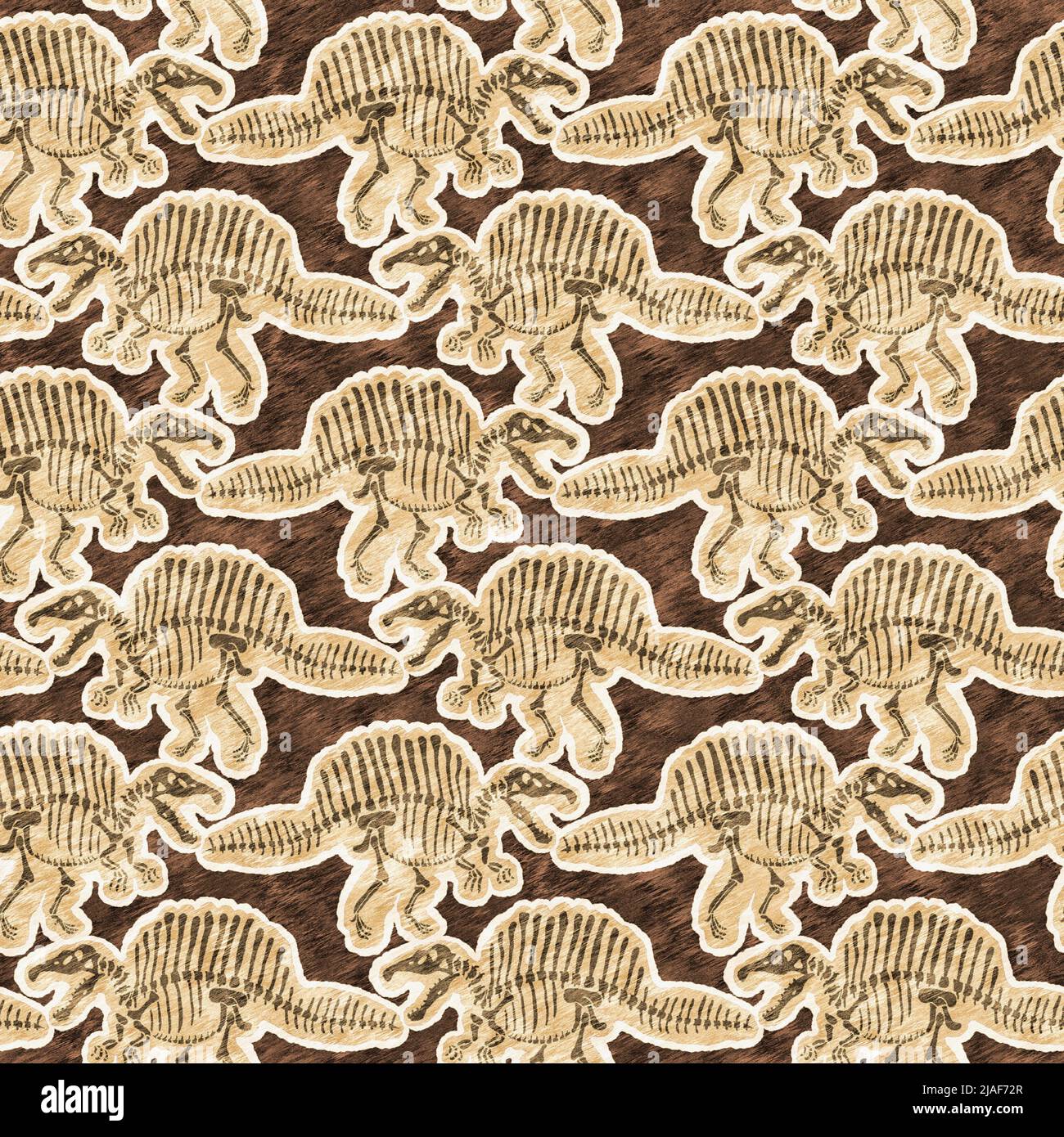 Braun handgezeichnete Spinosaurus fossile Knochen Dinosaurier nahtloses Muster. Geschlechtsspezifische neutrale jurassische Silhouette für die Babykrippe. Home Dekor für Museum Stockfoto