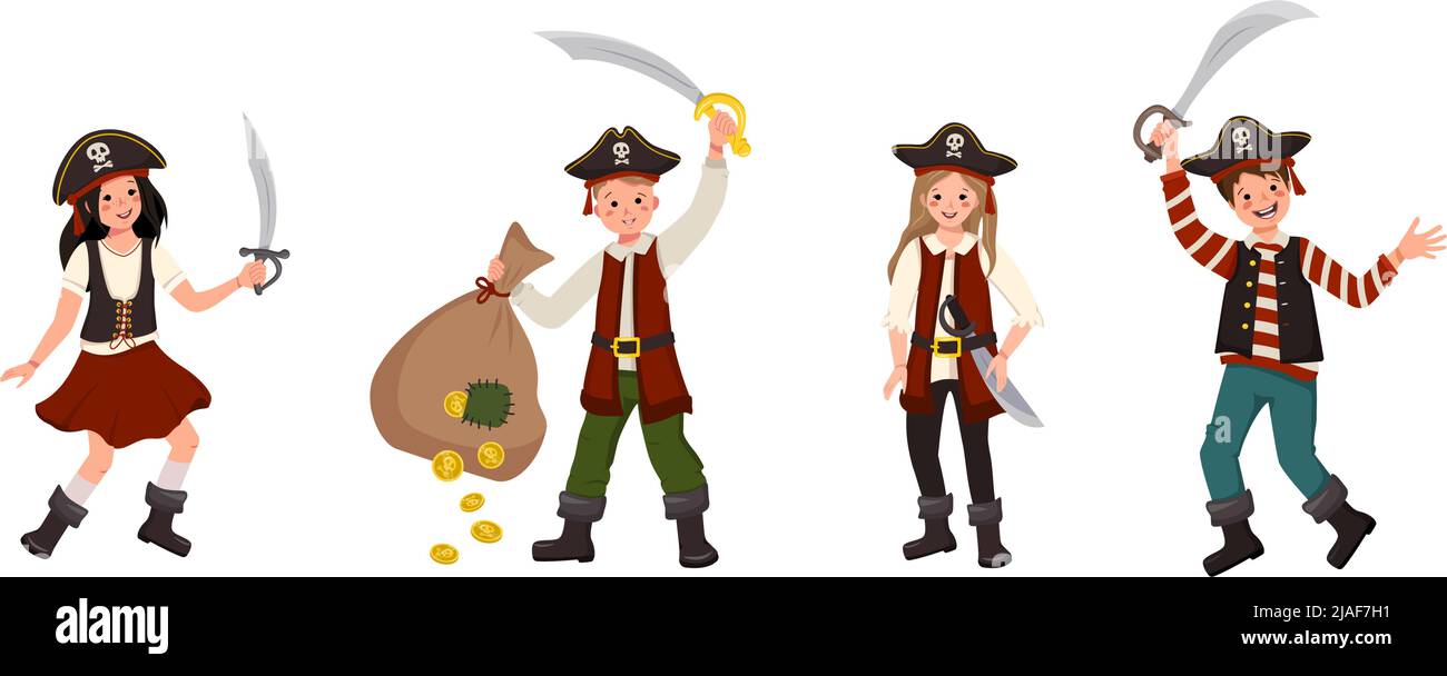 Glückliche Piraten Jungen und Mädchen mit Säbel, aufgespannter Hut, Beutel mit Goldmünzen. Fröhliche Kinder in Karnevalskostümen. Festliche Kleidung für Urlaub, Neujahr und Kinderparty. Vektorgrafik flach Stock Vektor