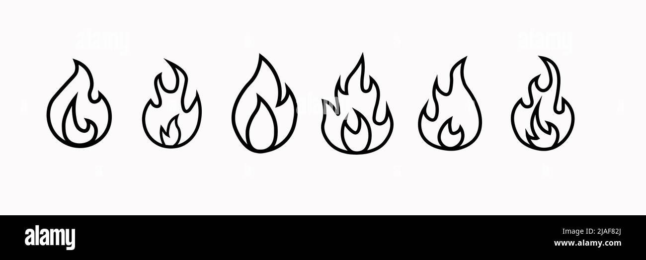 Feuersymbole setzen einfach schwarz-weiß. Schwarze Feuersymbole setzen Vektorbild. Feuerflammen-Symbol, schwarzes Symbol isoliert auf weißem Hintergrund Stock Vektor