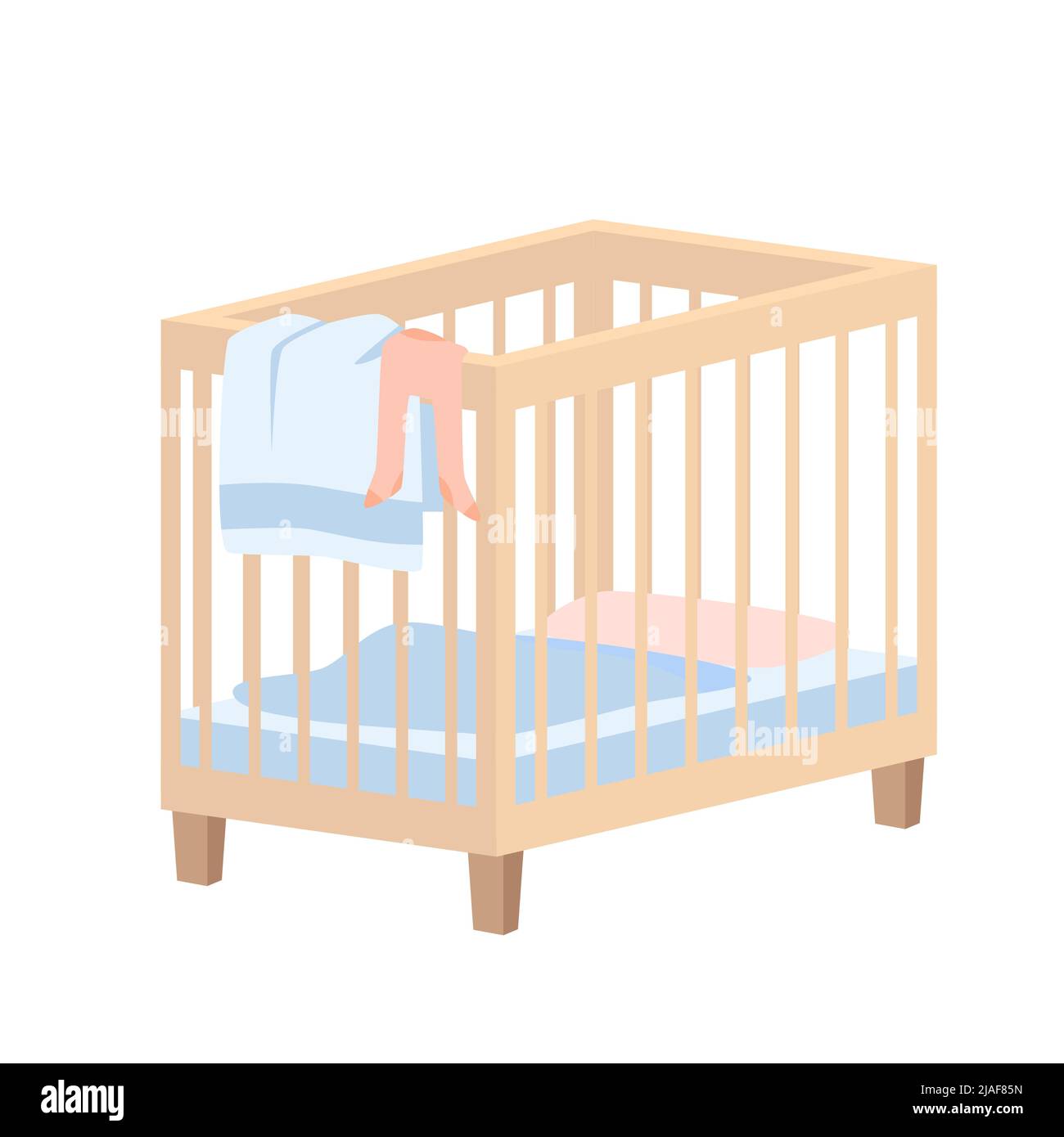 Holzkrippe für Baby, niedliches Bett für gesunden Schlaf des Neugeborenen in der Nacht, Möbel Stock Vektor