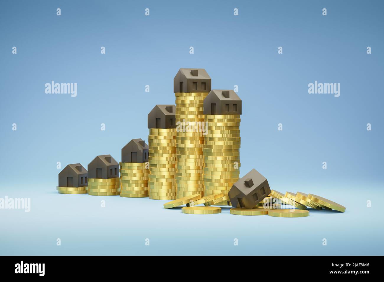 Konzept der Immobilienblase: Rückgang der Immobilienpreise aufgrund der Korona- und Kriegskrise. Steigende und fallende Stapel von Münzen mit Häusern gekrönt. Letzter Stapel Stockfoto