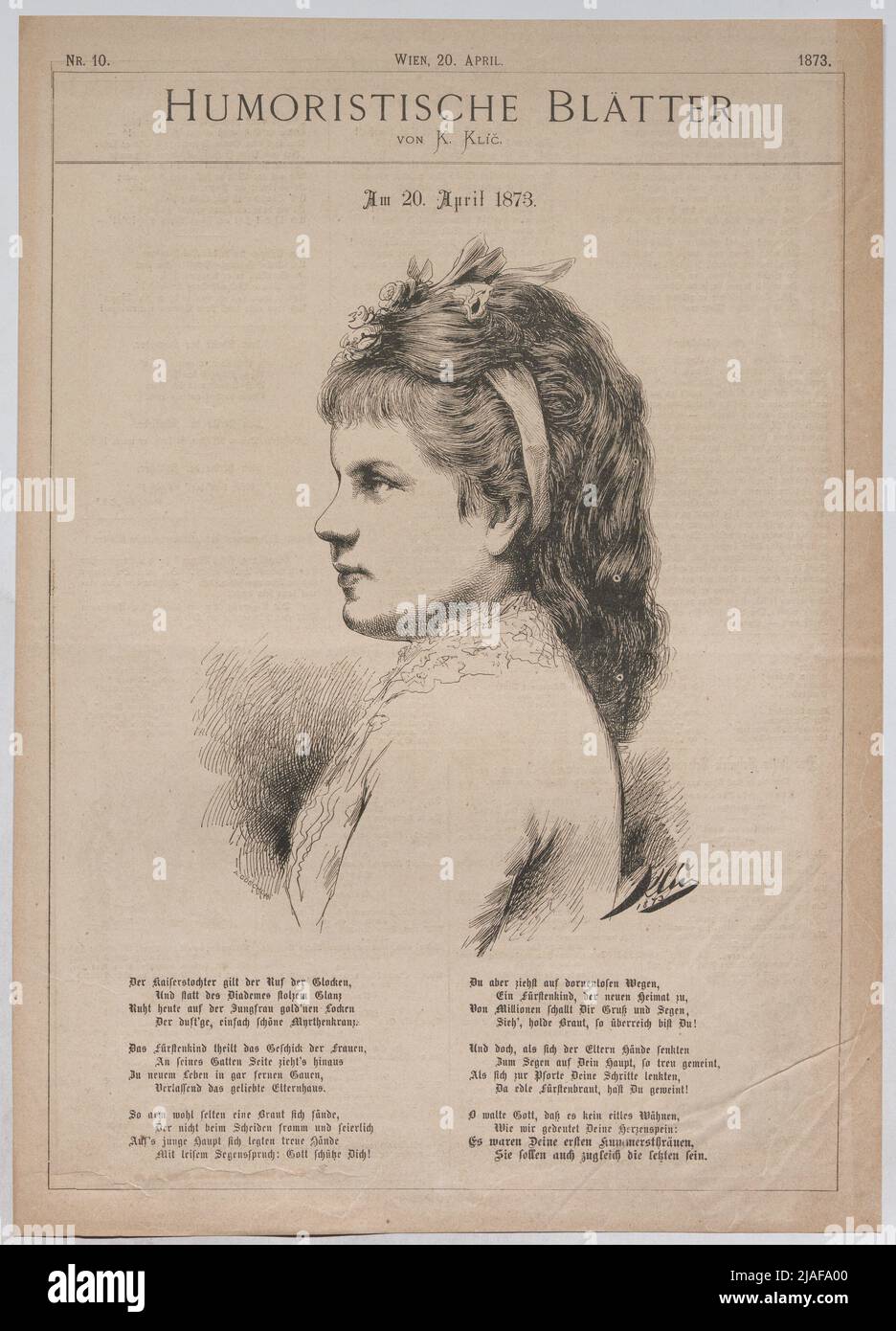 Am 20. April 1873. '. Erzherzogin Gisela von Österreich; am 20. April 1873 (Porträt aus „humorvollen Blättern“). Karl Klic (1841-1926), Künstler, A. Göschl, Realisation Stockfoto Am 20. April 1873. '. Erzherzogin Gisela von Österreich; am 20. April 1873 (Porträt aus „humorvollen Blättern“). Karl Klic (1841-1926), Künstler, A. Göschl, Realisation Stockfoto