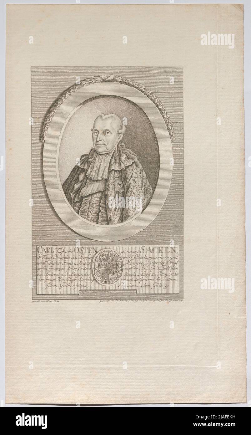 Carl Fürst v. dem Osten genannt sag, Sr. Königl. Majestaet aus Preussen Wirkl. Oberkammerherr und Wirkl. Geheimstaat und Kriegsminister (...) '. Carl Fürst aus dem Osten, genannt Sacken, Ober-Kammerherr des preußischen Königs, Mitglied des geheimen staatsrats. P. W. Schwarz, Kupferstecher, nach: Johann Friedrich Beer (1741-1804), Künstler Stockfoto