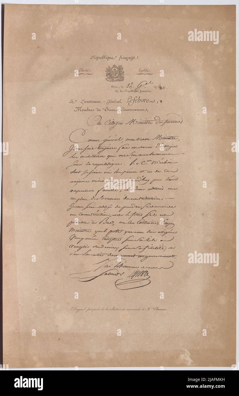 Generalleutnant Lefebvre, Mitglied der Jénar () Konservative (), der Staatsminister ". Schreiben von Generalleutnant François-Joseph Lefebvre, 1802. Unbekannt Stockfoto