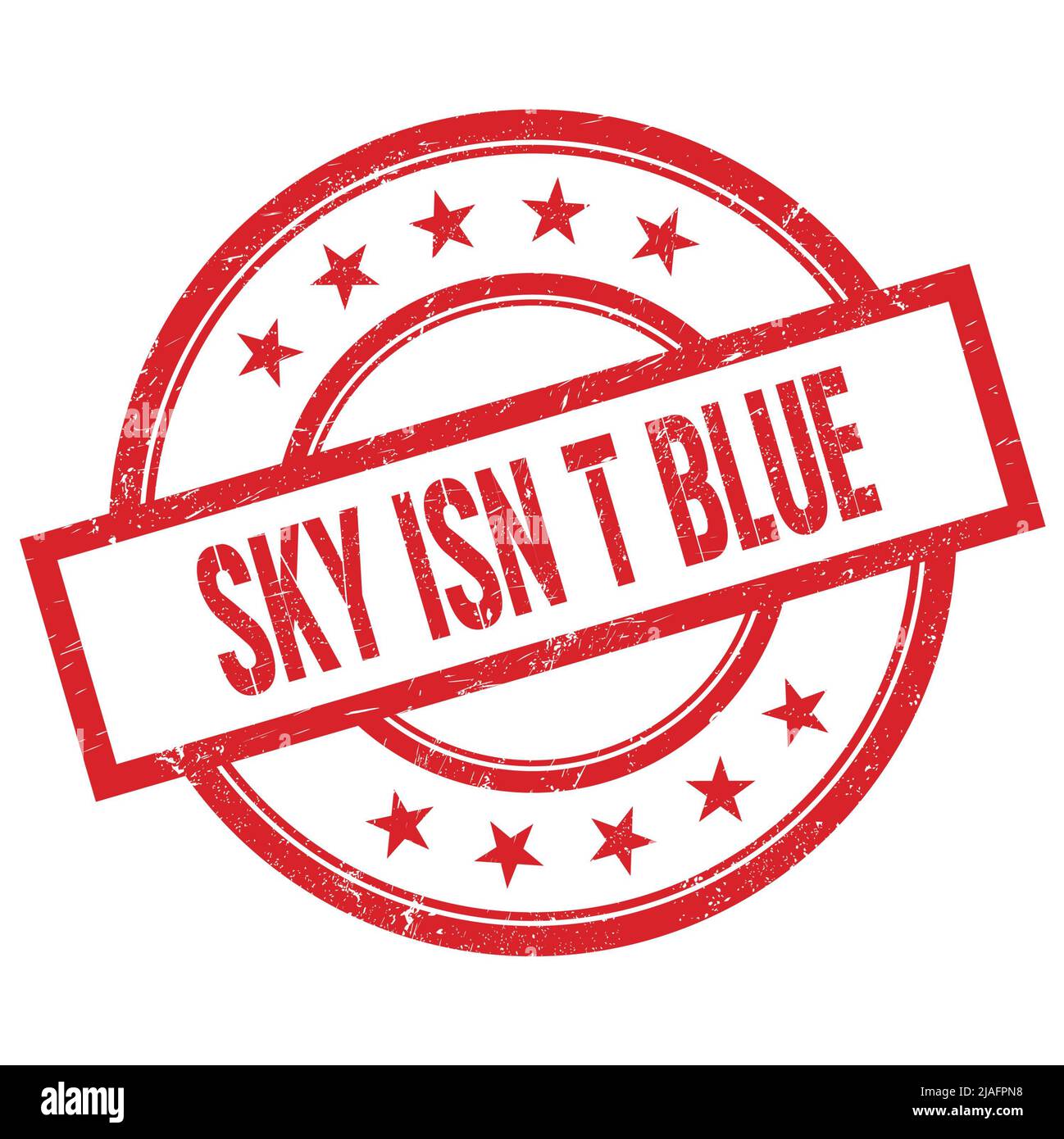 BLAUER Text VON SKY ISN T auf rotem runden Vintage-Stempel. Stockfoto