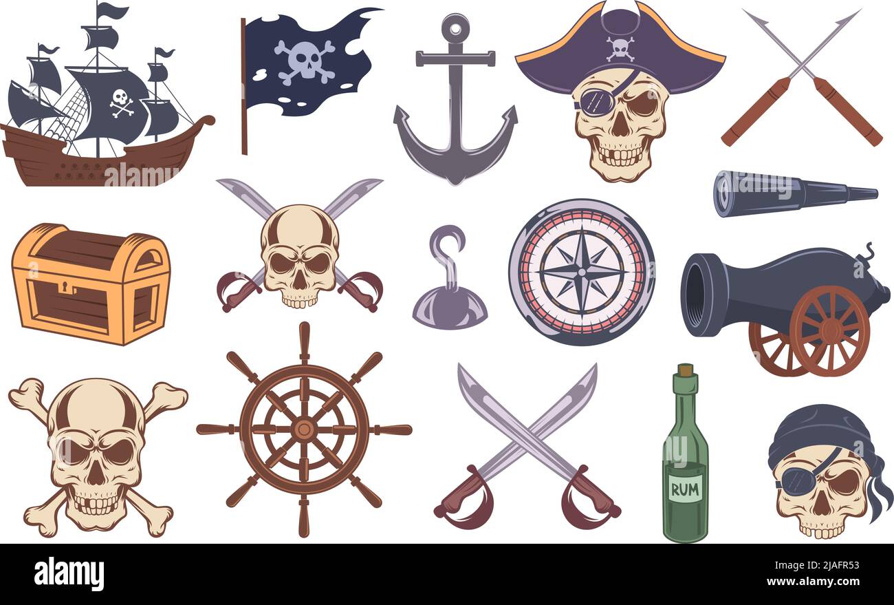 Piraten-Embleme. Schwarze Symbole von Piraten Zeichnung Elemente Knochen Schädel Seemann vintage Schiff Tattoo genaue Vektor-Set Stock Vektor