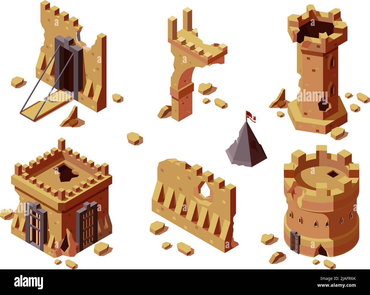 Mittelalterliche Gebäude. Krieg beschädigt historischen Konstruktionen Spiel 3D isometrische grish Vektor-Vorlagen Stock Vektor
