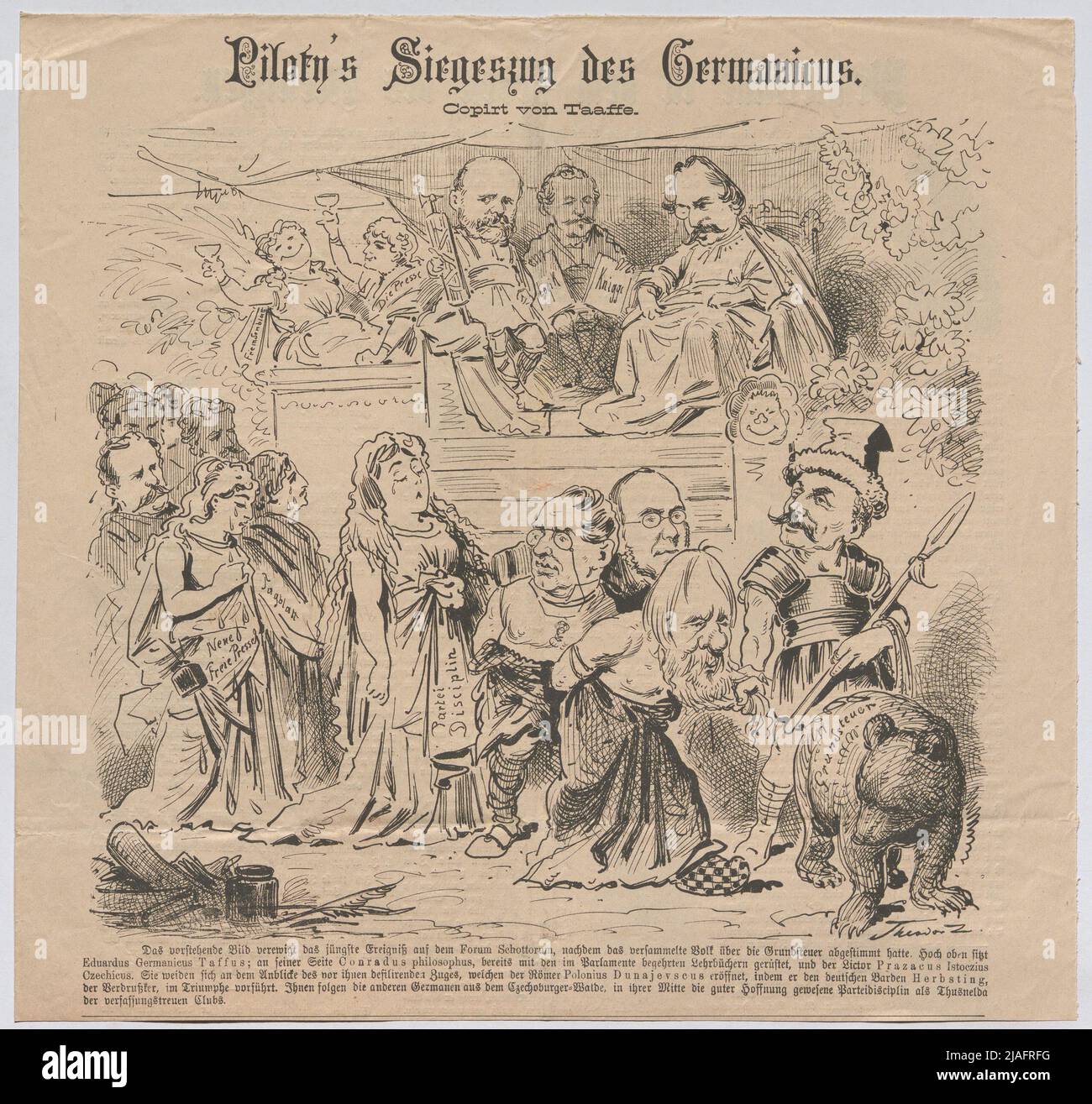 Pilotys siegeszug des Germanikus. Kopiert von Taaffe. '. Karikatur von Carl Theodor von Pilotys' Thusnelda im Triumphzug des Germanikus'; u.a. mit Eduard Taaffe, Herbst etc. (Karikatur mit Text aus' der Floh'). Theodor Zasche (1862-1922), Karikaturist Stockfoto