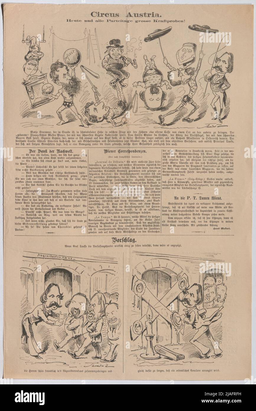 Circus Austria. Heute und alle Parteikonferenzen große Stärke Proben! Vorschlag. '.' Circus Austria'; Vorschlag für die Zustimmung der konstitutionellen Partei; einschließlich Eduard Taaffe, Herbst, Giskra etc. (Zwei Karikaturen mit Text aus 'der Floh'). Theodor Zasche (1862-1922), Karikaturist Stockfoto