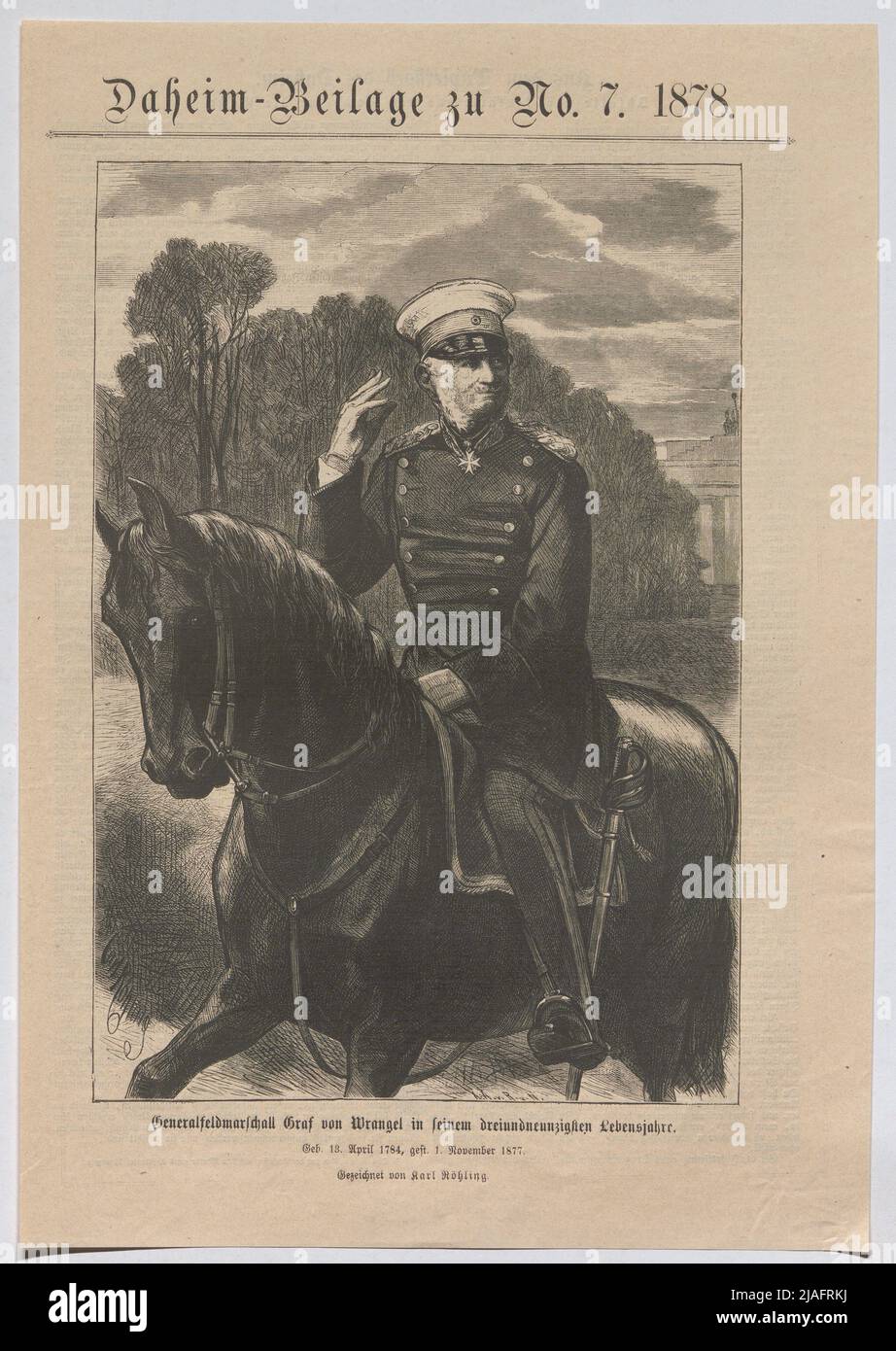 Generalfeldmarschall Graf von Wrangel in seinem dreiundneunzig Jahr. Geboren am 13. April 1784, gestorben am 1. November 1877. '. Friedrich von Wrangel, preußischer Generalfeldmarschall, in seinem dreiundneunzig-jährigen Lebensjahr (von Dom Daheim-Garde bis Nr. 7. 1878“). Unbekannt Stockfoto