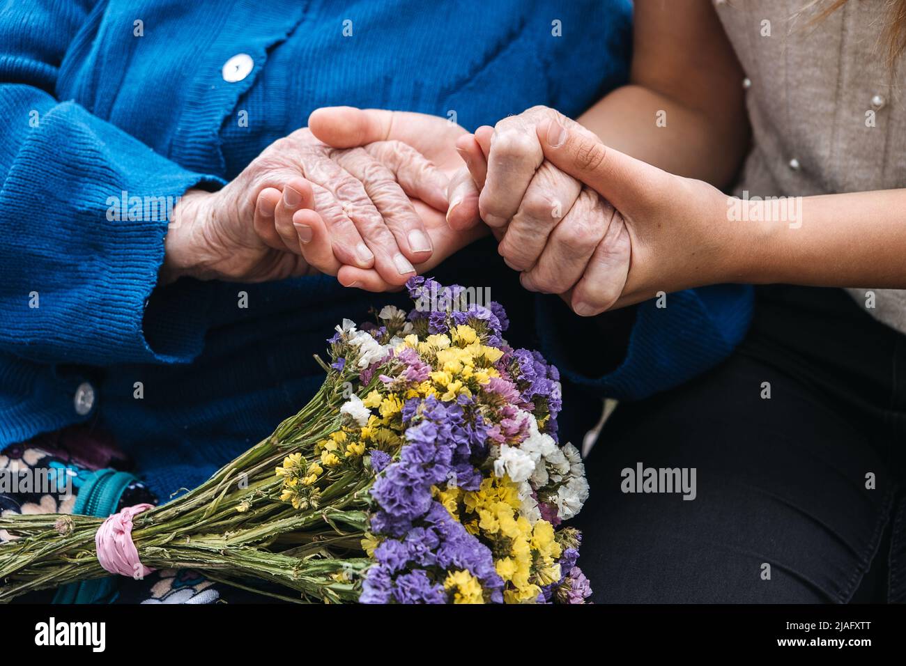 Wohltätigkeitsorganisationen für ältere Menschen. Junge Hände, die alte ältere ältere Hände halten. Unterstützung für das Seniorenkonzept. Stockfoto
