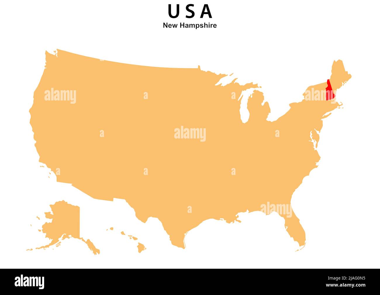 Karte des Staates New Hampshire auf der Karte der USA hervorgehoben. Karte von New Hampshire über den Vereinigten Staat Amerika. Stock Vektor