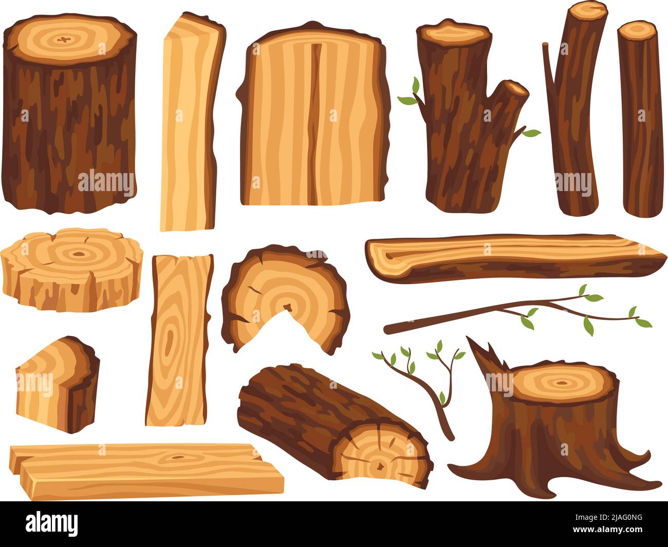 Zeichentrickholz. Holzstämme und Stämme, Hölzer aus Holz. Baumzweige, isolierte natürliche Waldobjekte. Öko-Materialien für den Bau, ordentlich Vektor-Set Stock Vektor