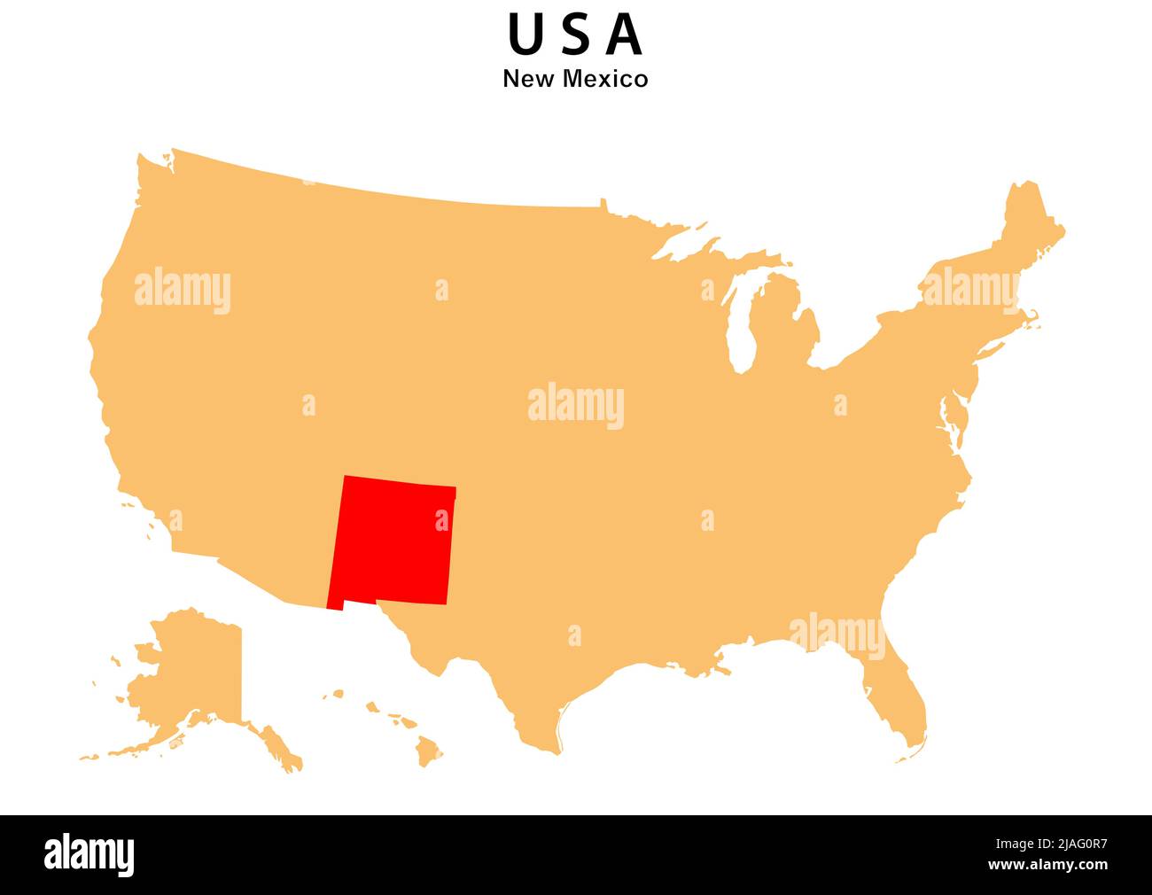 Karte des Staates New Mexico auf der Karte der USA hervorgehoben. Karte von New Mexico über den Vereinigten Staat Amerika. Stock Vektor