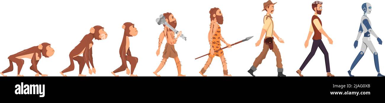 Menschliche Evolution. Menschenaffen, Vorfahren und Entwicklungsprozess. Flat Early-man, Cartoon Business guy und Roboter. Progressionsstufen, anständig Stock Vektor