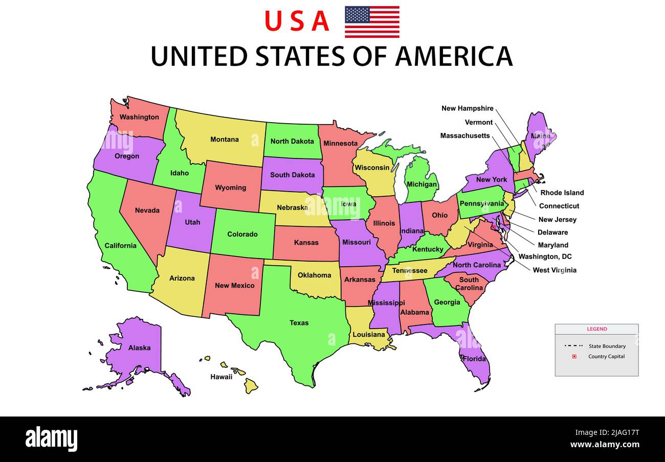 USA-Karte. Politische Landkarte der Vereinigten Staaten von Amerika. US-Karte mit farbigem Hintergrund und Namen aller Staaten. Stock Vektor