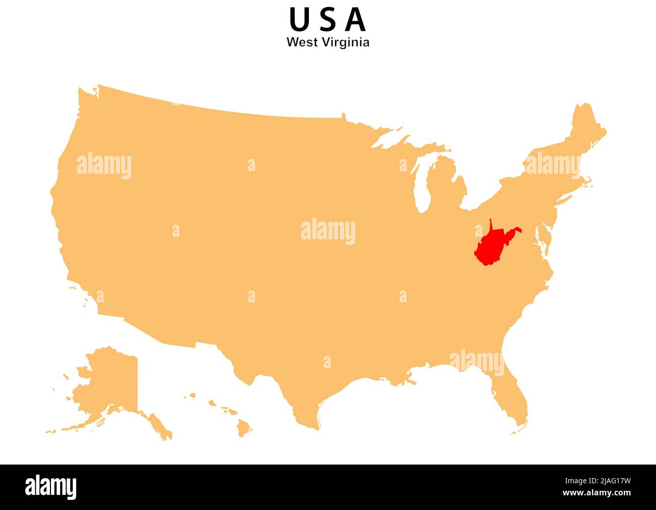 Karte des Staates West Virginia auf der Karte der USA hervorgehoben. Karte von West Virginia über den Vereinigten Staat Amerika. Stock Vektor