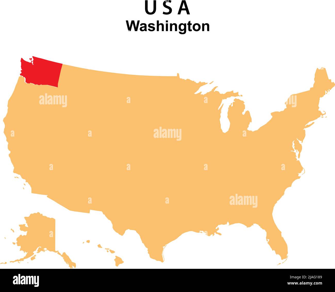 Karte des Staates Washington auf der Karte der USA hervorgehoben. Karte von Washington auf dem Vereinigten Staat von Amerika. Stock Vektor