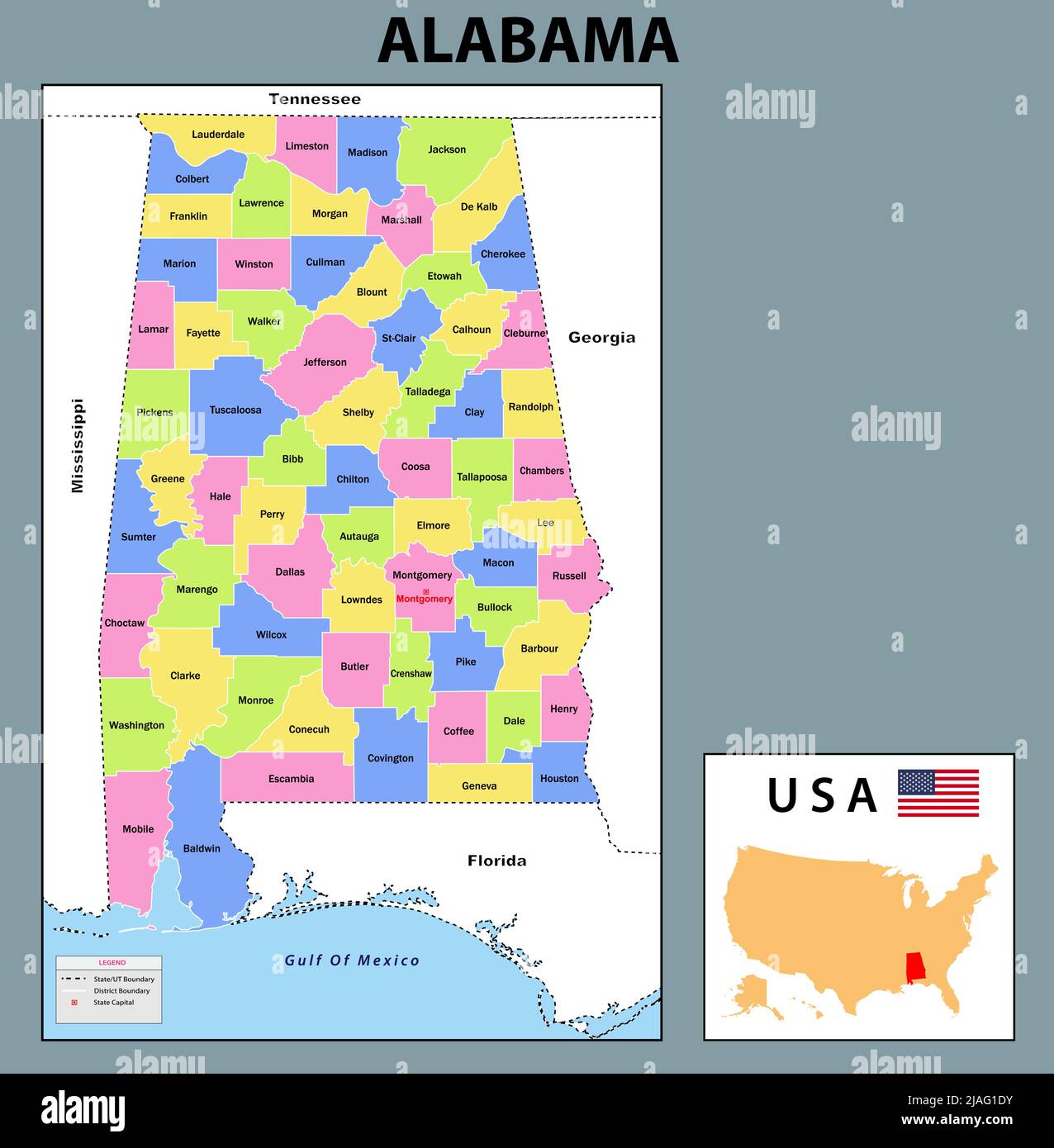 Alabama-Karte. Staat- und Distriktkarte von Alabama. Administrative und