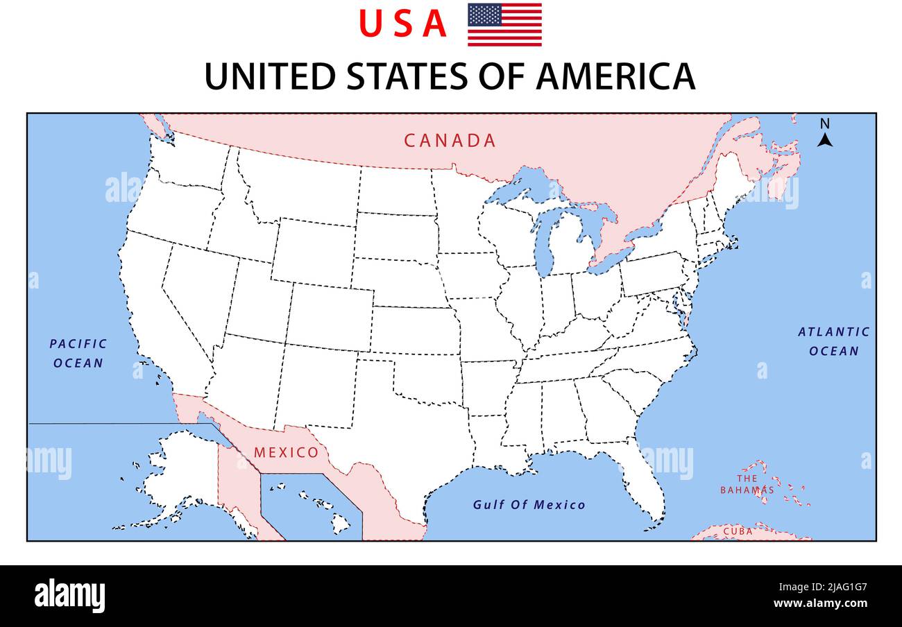 USA-Karte. Politische Landkarte der Vereinigten Staaten von Amerika. US-Karte mit Nachbarländern und Grenzen. Stock Vektor