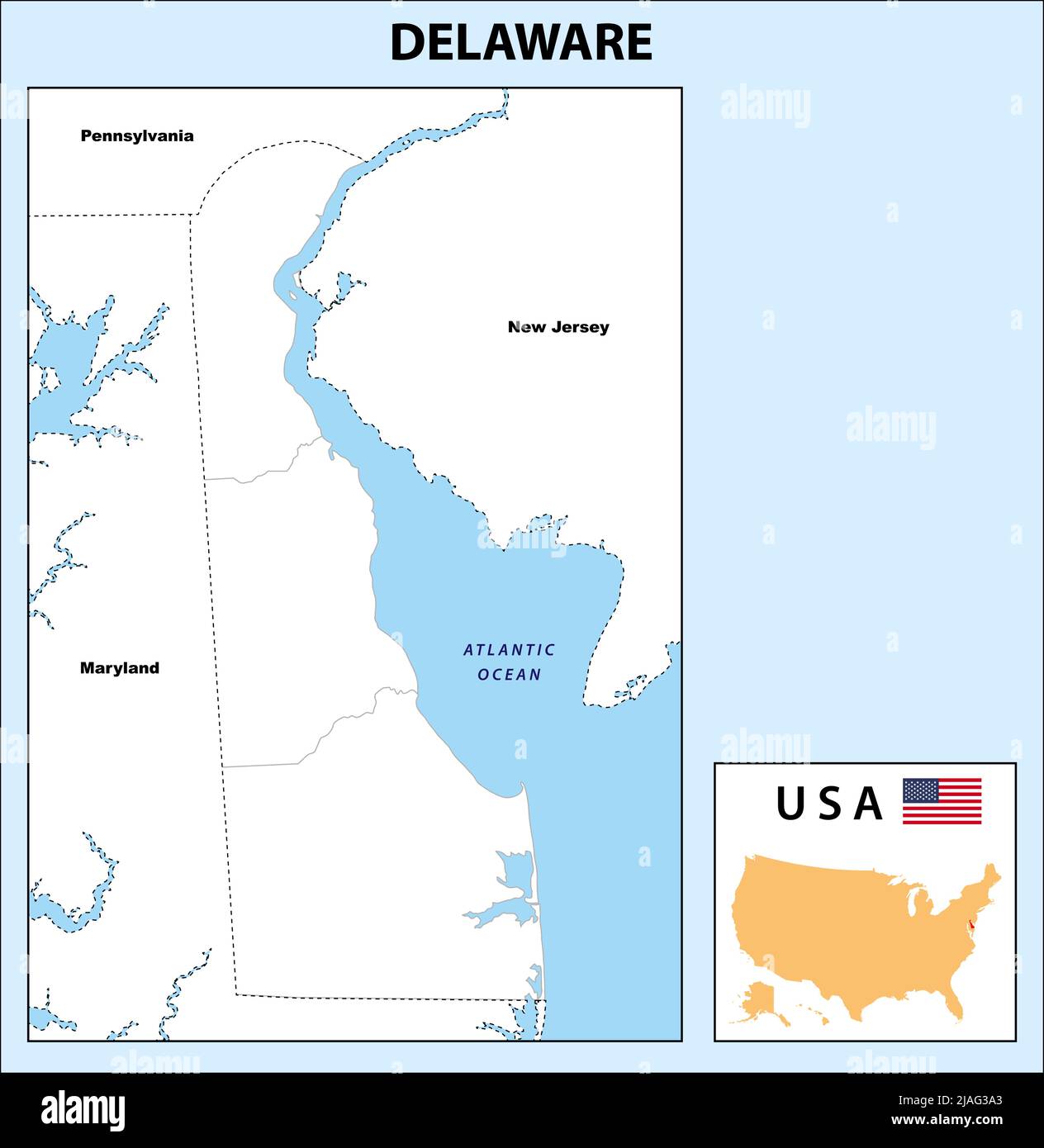 Delware-Karte. Politische Landkarte von Delware in Outline. Distriktkarte mit den USA. Stock Vektor