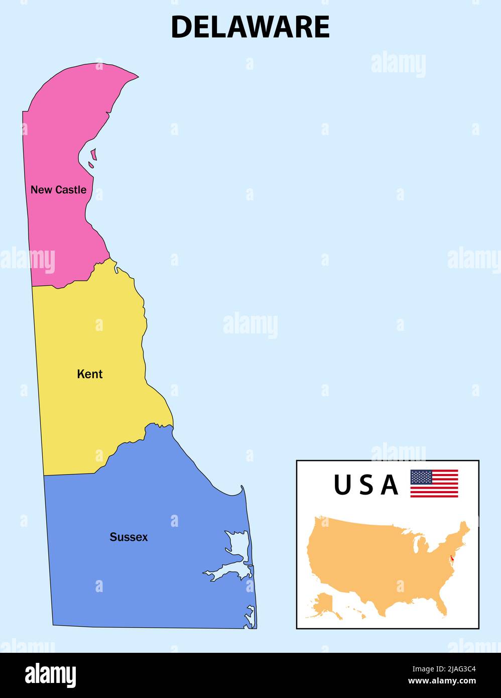 Delaware-Karte. Landes- und Bezirkskarte von Delaware. Administrative und politische Karte von Delaware mit Namen und Farbgestaltung. Stock Vektor