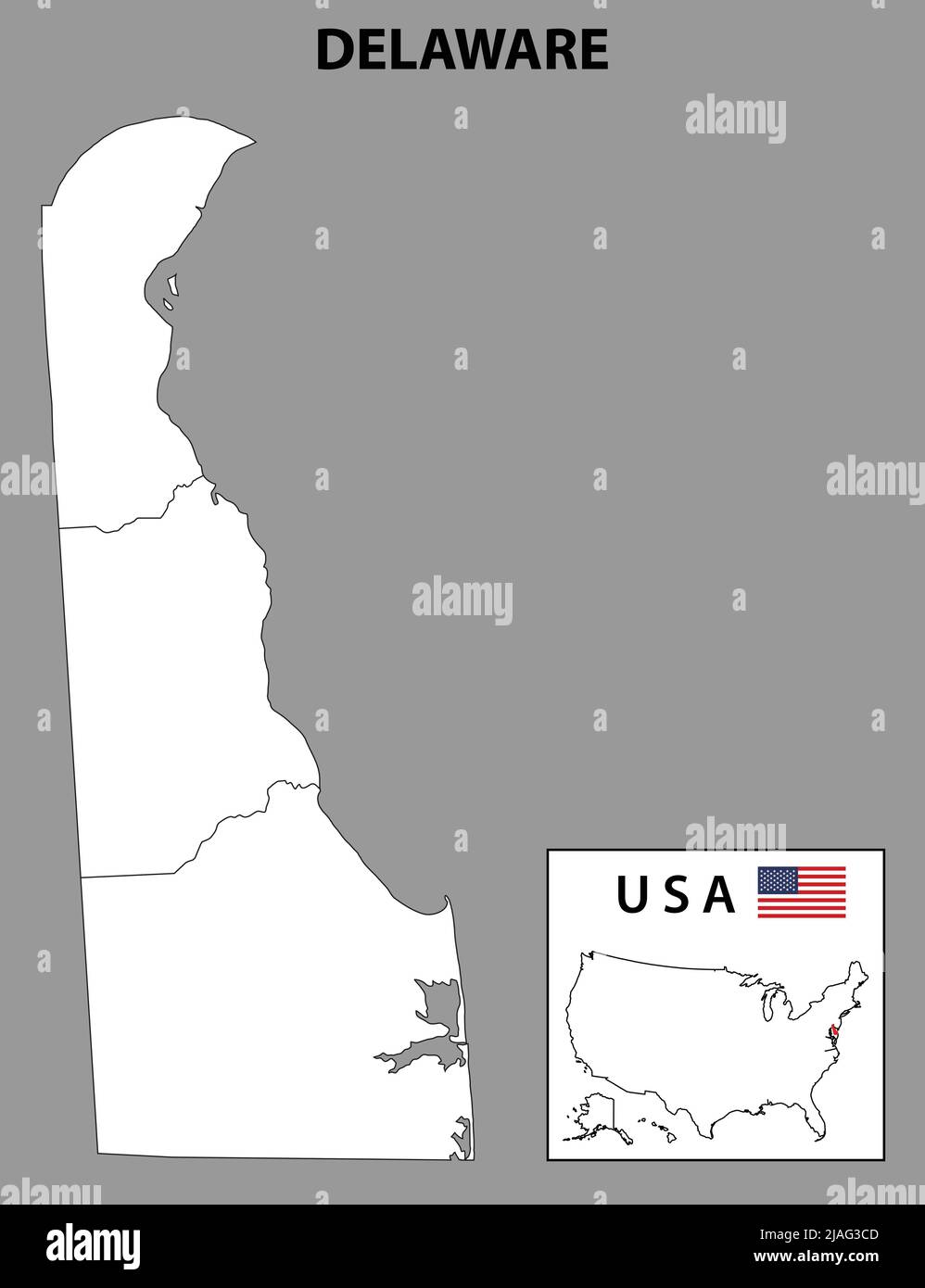 Delaware-Karte. Landes- und Bezirkskarte von Delaware. Administrative und politische Karte von Delaware mit Nachbarländern und Grenze in weißer Farbe. Stock Vektor