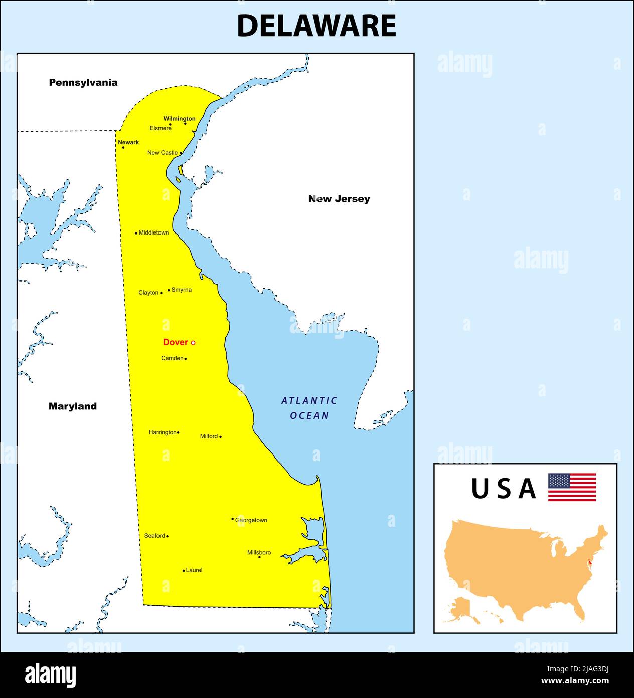 Delaware-Karte. Landes- und Bezirkskarte von Delaware. Administrative und politische Karte von Delaware mit dem Hauptbezirk Stock Vektor