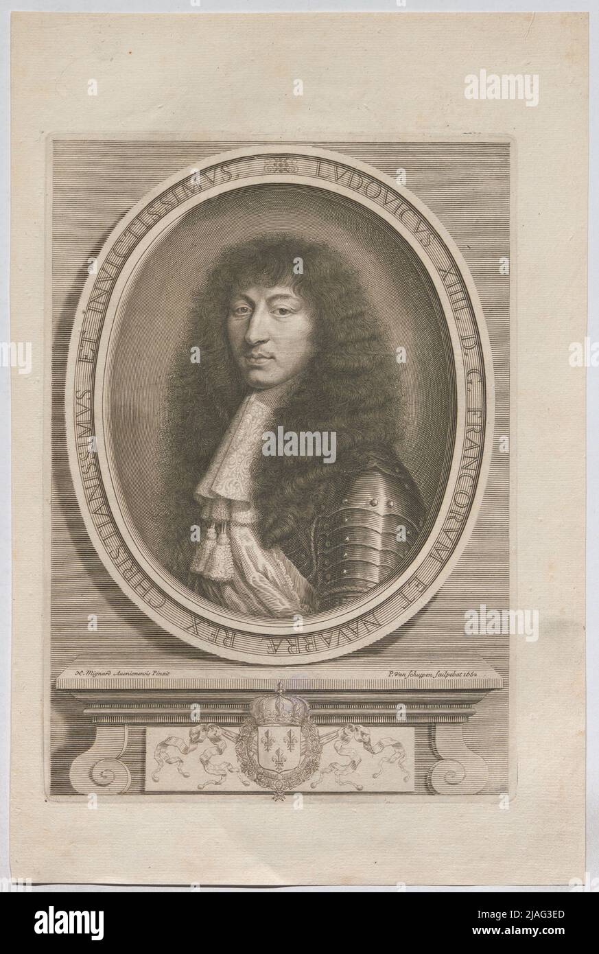 Louis 14. D. G. Französisch und Navarra König Christian. '. Ludwig 14., König von Frankreich und von Navarra. Peter Van Schuppen (1627-1702), Kupferstecher, nach Pierre Mignard (1612-1695), Künstler Stockfoto