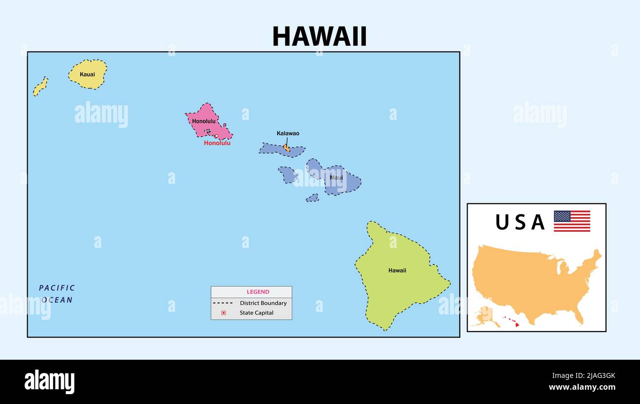 Hawaii-Karte. Staat- und Distriktkarte von Hawaii. Politische Landkarte von Hawaii mit Nachbarländern und Grenzen. Stock Vektor