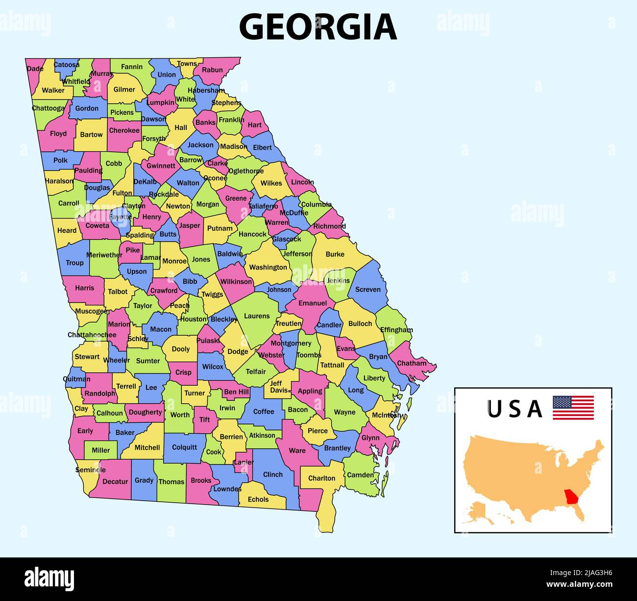 Georgia-Karte. Distriktkarte von Georgien. Distriktkarte von Georgien in Farbe mit Hauptstadt. Stock Vektor